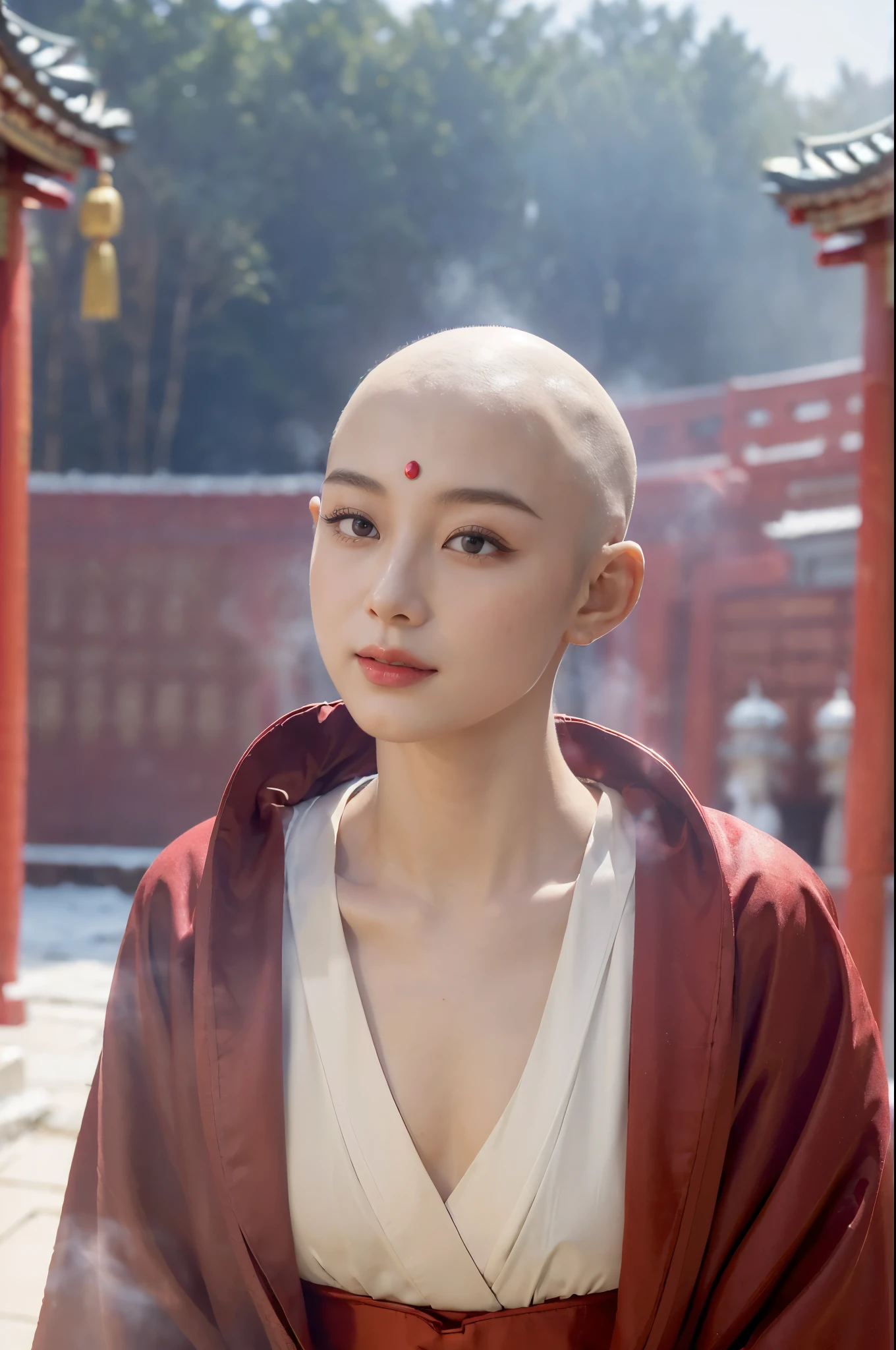 ((((8k))),((Extremely meticulous CG)) ,(wallpaper),16k,((Extremely refined and beautiful)),(((Masterpiece))),(((best qualtiy))),(((Ultra High Resolution))),beautiful light up,Perfect lightning,realistic shaded,[A high resolution],(Smooth and flawless fair skin:1.5),(pale skin:1.3),Extremely exquisite facial details,(perfect body:1.1),ultra-detailed,A beautiful girl,(Buddhist nun:1.3),(small head:1.2),(bald:1.5),(no hair:1.3),(small face:1.2),Exquisite makeup,(small breasts:1.2),(flat chests:1.2),(slim,thin),happy,(smile:1.2),(collar:1.2),(Gorgeous red robe:1.5),(red hakama:1.2),(day scene:1.5),(outdoor:1.2),(In the courtyard of a Chinese Buddhist temple:1.5),(bright sunshine:1.2),(detailed background:1.5),(standing:1.3),(In front of the Buddha statue:1.3),(Put hands together devoutly:1.3),(upper body:1.3),(from front:1.3),(Smoky:1.3),(surrounded by crowded crowds:1.5),(winter:1.2)