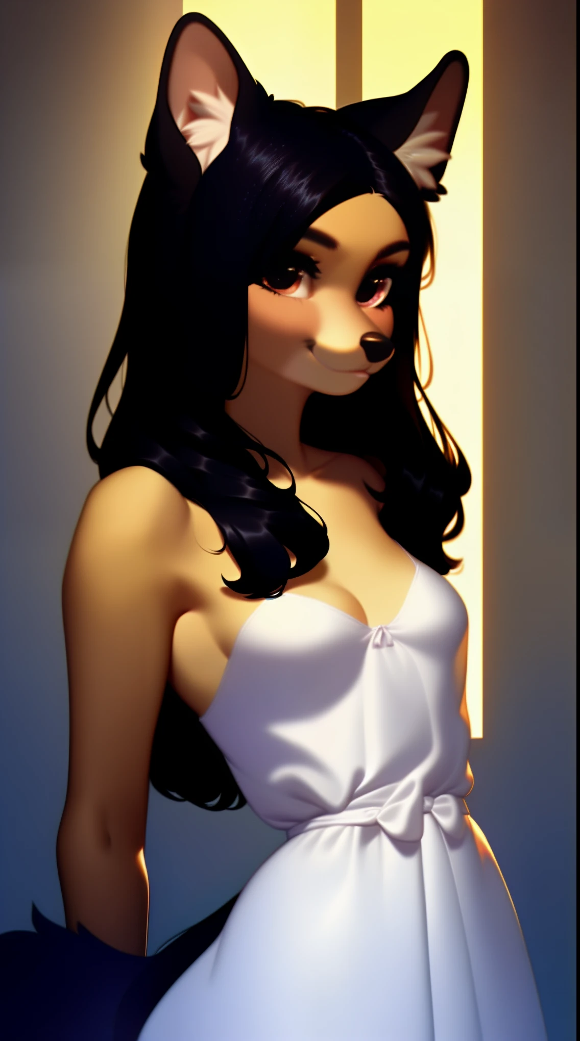(score_9), (source_ derpibooru_p_95),m, ((cute anthro canine :1.1)), (cute sun dress), blushing, teenager, innocent look, solo, long dark hair, anatomically correct, flat chest , high res, extremely detailed, adorable, ribs, hip bones, living room, 1girl, absurd resolution, moonlight, cute nose, cute snout, realistic hair, fluffy ears, upper body Portrait, clear face,