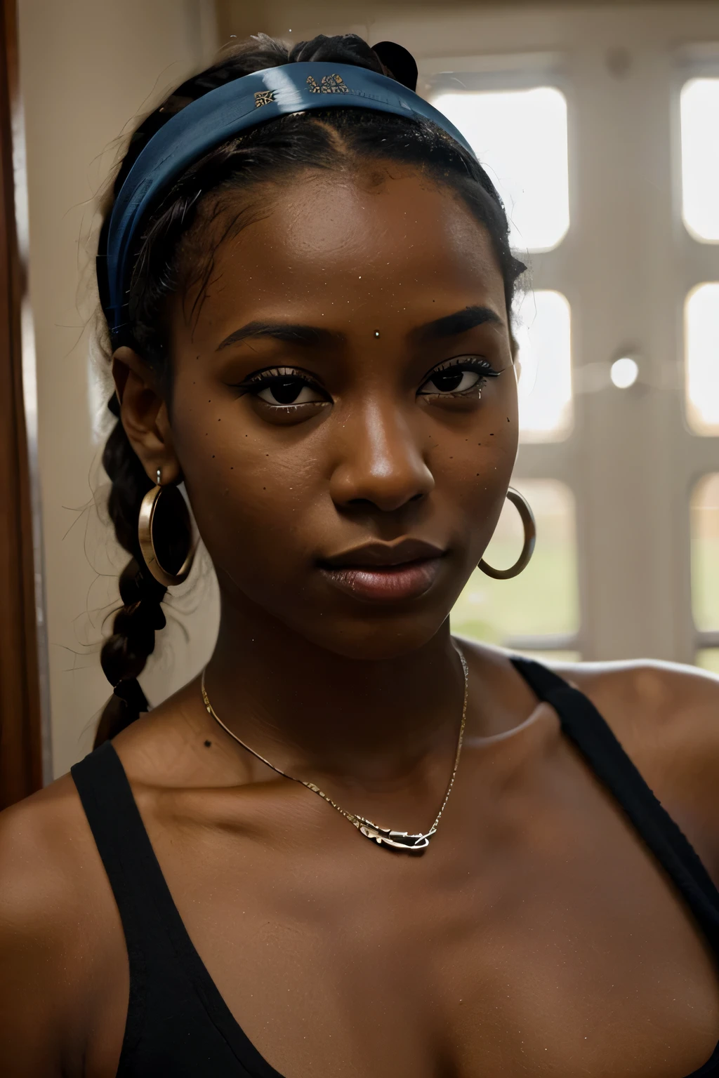 arafed woman with a blue headband and piercings on her nose, black young woman, black age girl, young black woman, adut akech, dark skinned, high quality portrait, with brown skin, brown skinned, photo of a black woman, dark-skinned, black girl, a beautiful young woman, long black braids, she has olive brown skin and big breasts