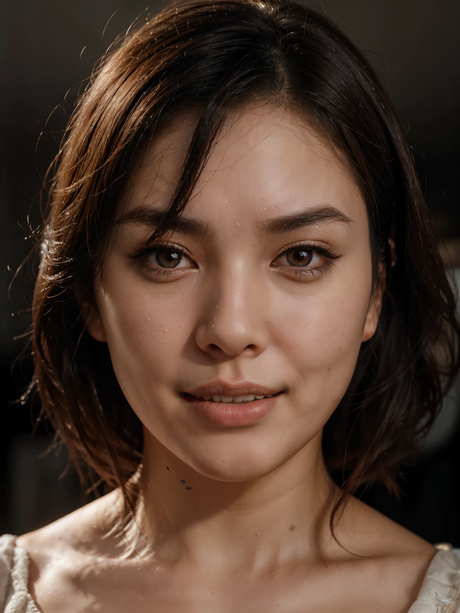 there is a woman with a very large breast and a very short face, soft portrait shot 8 k, detailed face of a asian girl, close up face portrait, close-up perfect face, full face close up portrait, gorgeous face portrait, close up face female portrait, asian beautiful face, south east asian with round face, sexy face with full makeup, (((SMILLING)))