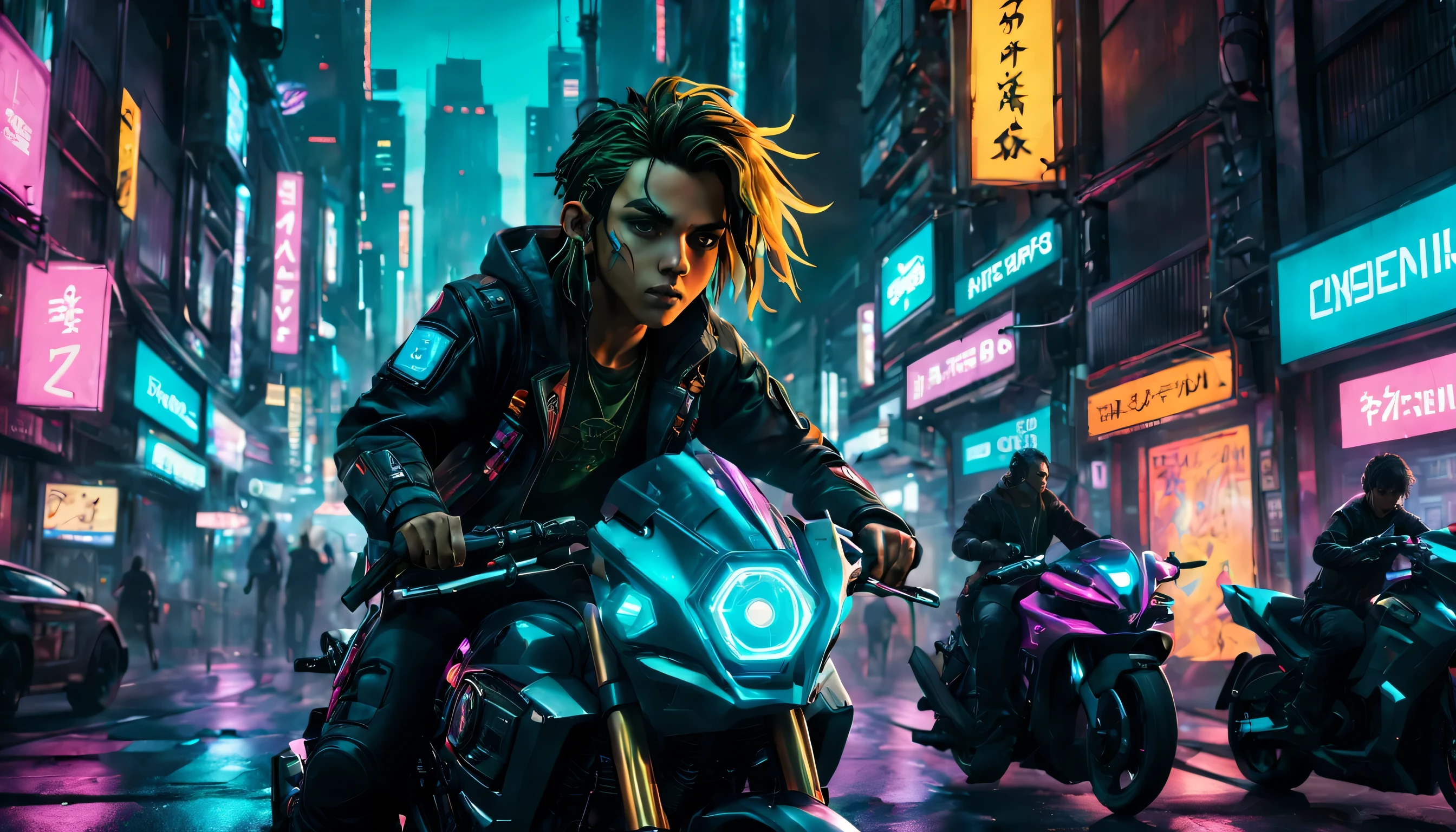 award-winning artwork of Zelda in a cyberpunk setting, neon-lit cityscape, futuristic, gritty, vibrant colors, detailed cybernetic enhancements, holographic projections, urban decay, by renowned digital artist, inspired by Blade Runner, trending on ArtStation, high contrast, dramatic lighting, cinematic composition, masterpiece, best quality, high quality, absurdres, a black man with short dreads ride on futuristic motorcycles racing through downtown Tokyo in Shibuya district. A man with kilmonger hair races behind him on a futuristic motorcycle as well. They wear cyberpunk jackets, surrounded by cars, fully immersed in the virtual world. Neon signs of different colors bathe the room in a vibrant glow, illuminating his gaming setup and highlighting his unique style. Focus on the expression of joy and determination on his face, showcasing the empowering experience of gaming despite physical limitations.