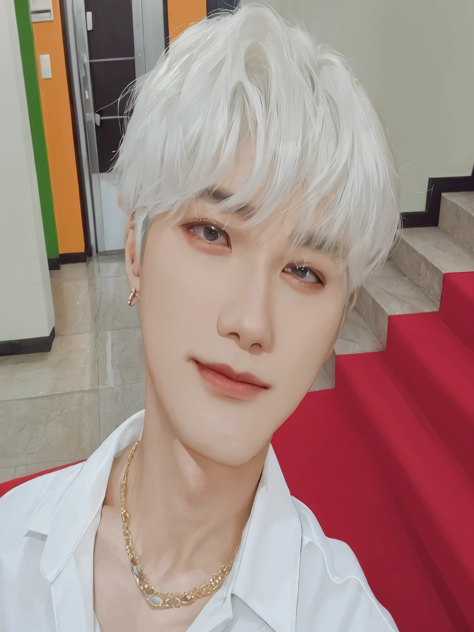 arafed man with white hair and a necklace on a red carpet, hyung tae, cai xukun, taejune kim, hong june hyung, jaeyeon nam, wan adorable korean face, kim doyoung, with short bobbed white hair, jinyoung shin, ten lee, 8k!!, 8k!, inspired by jeonseok lee, black haired yoongi