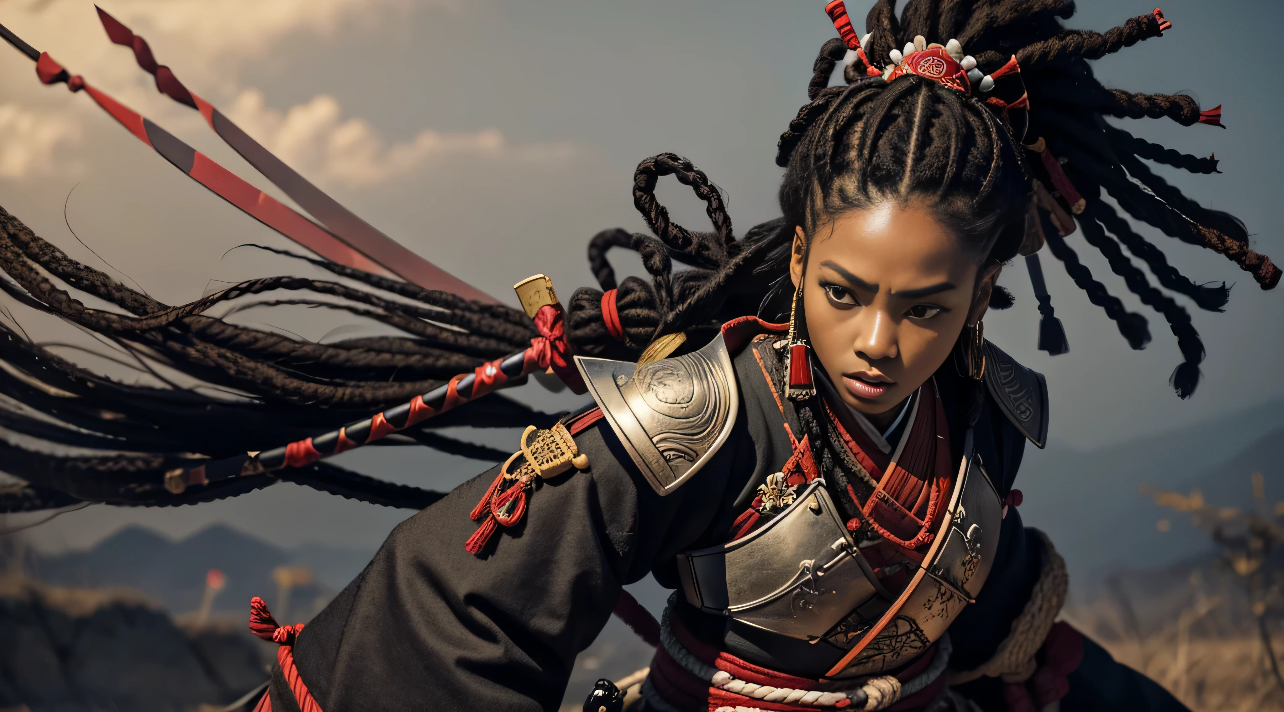 black woman, samurai clothing, Samurai armor, dreadlocks