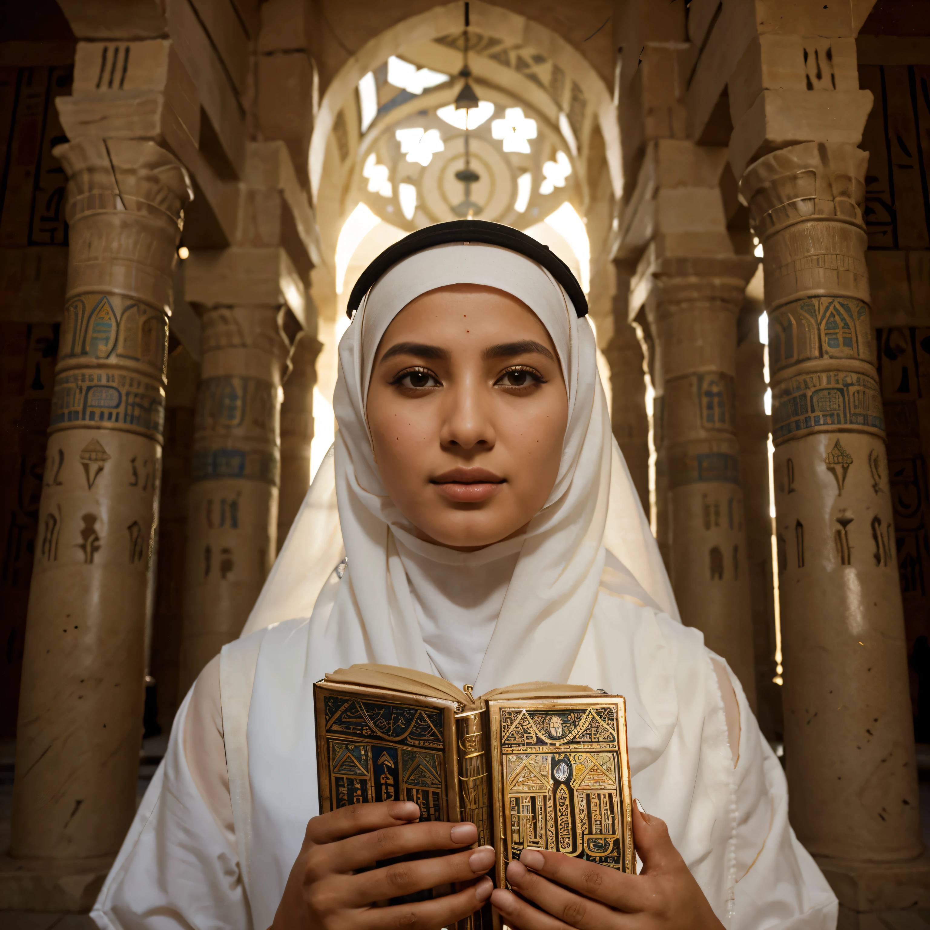 Close up photo of a high-resolution of moslem lady and gentle wearing the popular clothes and holding quran. written with the light strip " Ramdhan Mubarak" Behind him is a beautiful Egyptian mosque, and the image embodies the beauty, heritage and culture of Egypt. Ancient, Egyptian temple, adorned with hieroglyphs, photorealistic