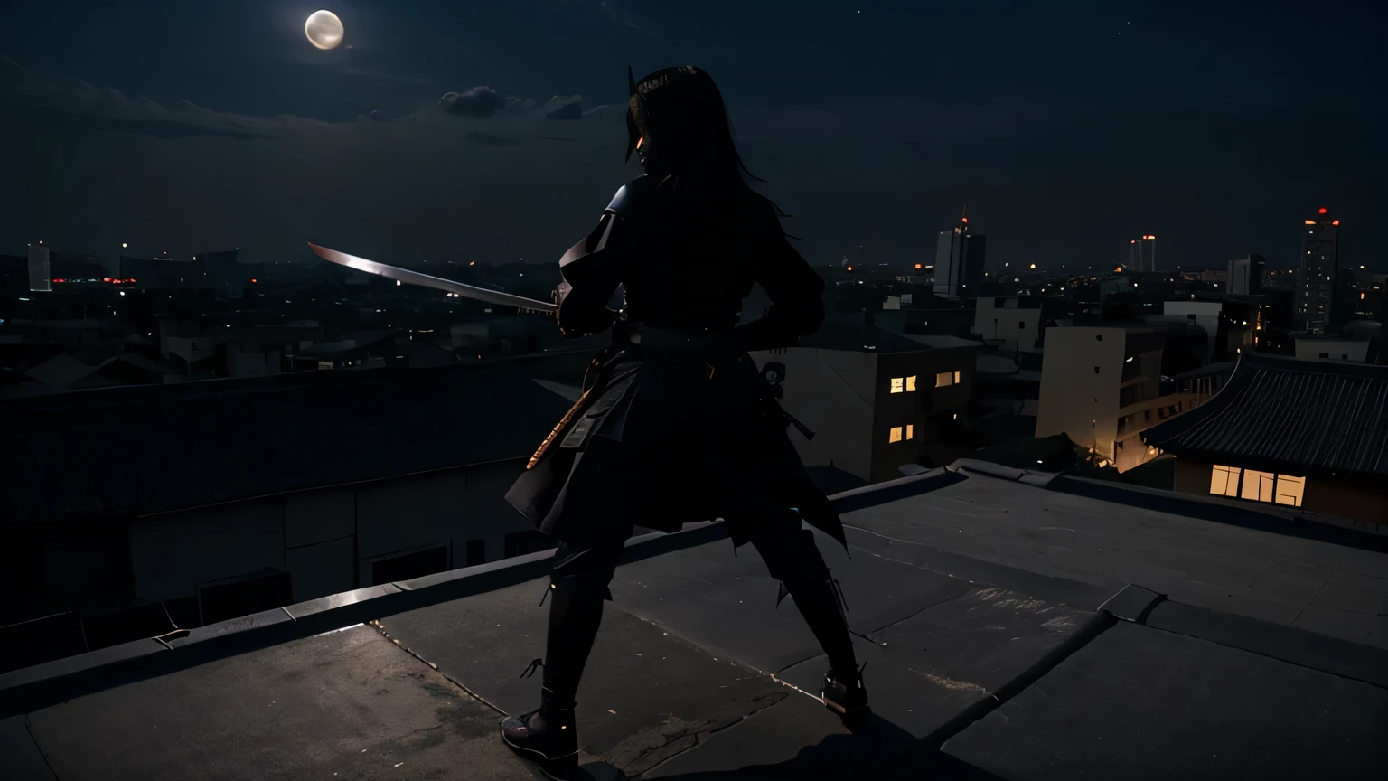 A black nigerianshadowy figure dressed in black, the mysterious Kurohime stands atop a rooftop, overlooking the enemy's territory, her katana gleaming in the moonlight."