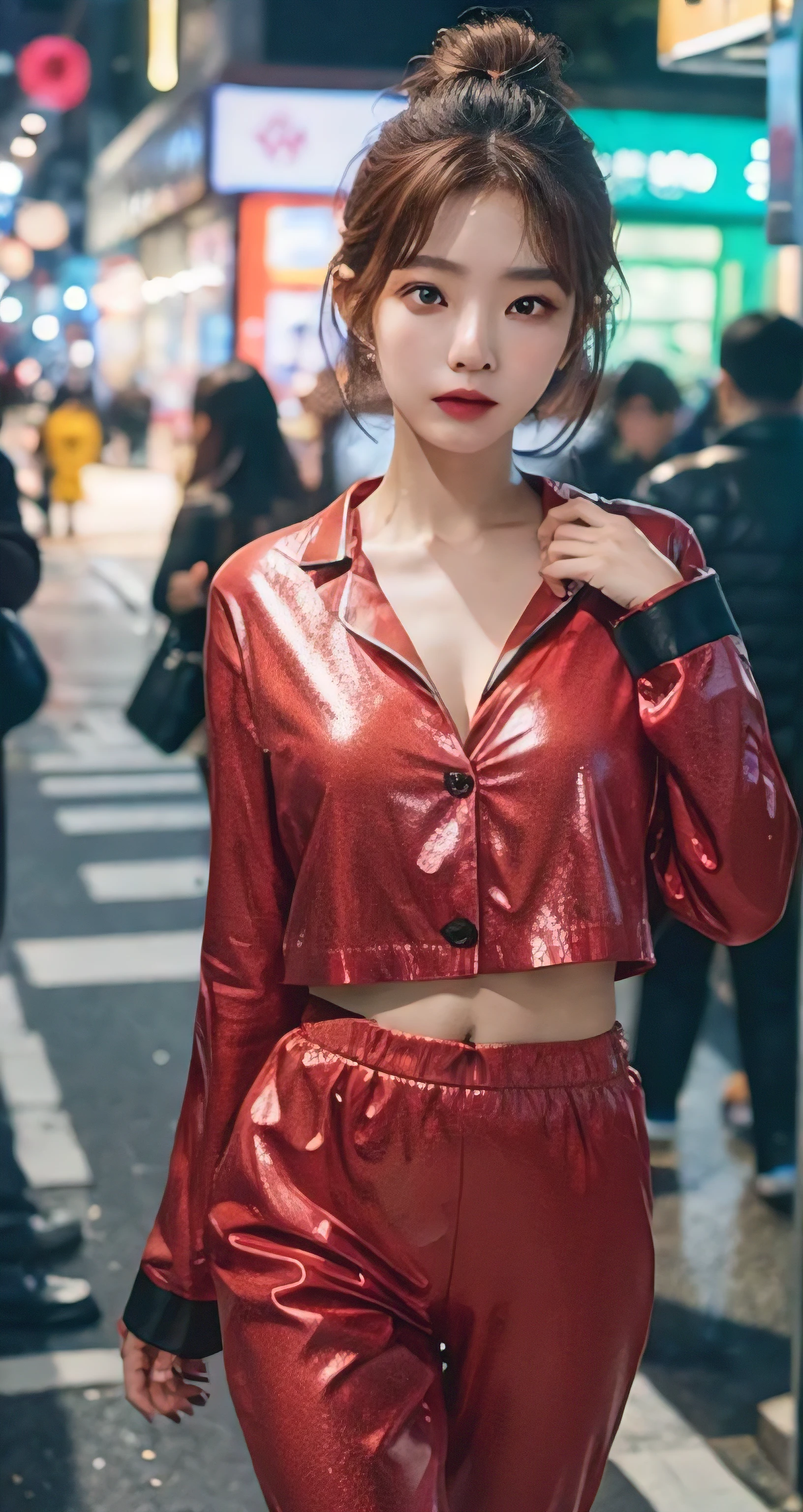 Best Quality Detail:1.2, realisitic, 8K UHD, hight resolution, 1girl in:1.2, The ultra-detailliert, High quality textures, intricate detailes, detaileds, Very detailed CG, High quality shadows, Detail Beautiful delicate face, Detail Beautiful delicate eyes, depth of fields, Ray traching, masterpiece, best quality,ulzzang -6500-v1.1:0.6, pureerosface_v1, Pretty korean Girl, Korean Urzan Face:1.1, milf, 28 year old woman,short neon orange hair,shiny_skin,thin_waist,gigantic breasts,wearing red pajamas with black jacket outer, 4K, 8K UHD Full Color RAW Photos, Fuji Film(Medium format:1.2), Hasselblad:1.2, Carl zeiss:1.1, Incredible dynamic range photography(UTIL_Art by Smoose-768:1.1), hight resolution, High pixel count, clear details, crisp image, Natural color reproduction, Noise Reduction, High fidelity, qulity, Software Improvements, Upscaling, Optimized algorithms, Pro-level retouching,crowd:1.1,depth of field,looking at viewer,random pose walking at the Daegu street market background,random sexy pose walking at the Daegu street market