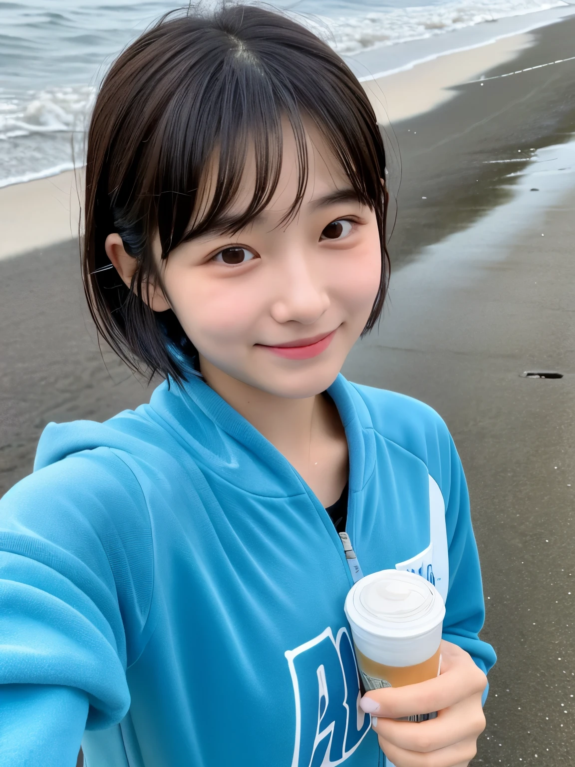 Best quality,raw photo ,a woman drink ,face closeup,19 years old Japanese female idol  , track suit, Short hair, cute face  ,open_mouth, insert in , murky water , overflowing  ,Water spills from robot , interpose ,wet ,selfie, on the beach