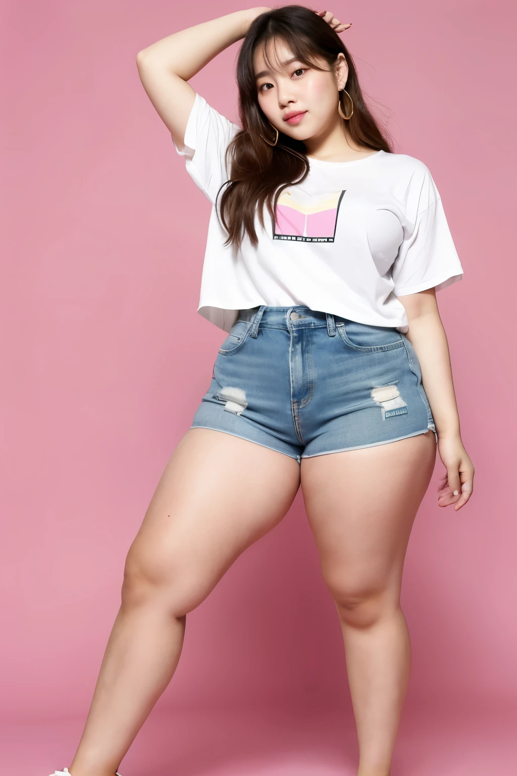 ultra high resolution, fat, girl, Asian, ugly face, thick torso, thick thighs, thick legs, thick arms, many pores, detailed skin texture, daytime, Full body shot