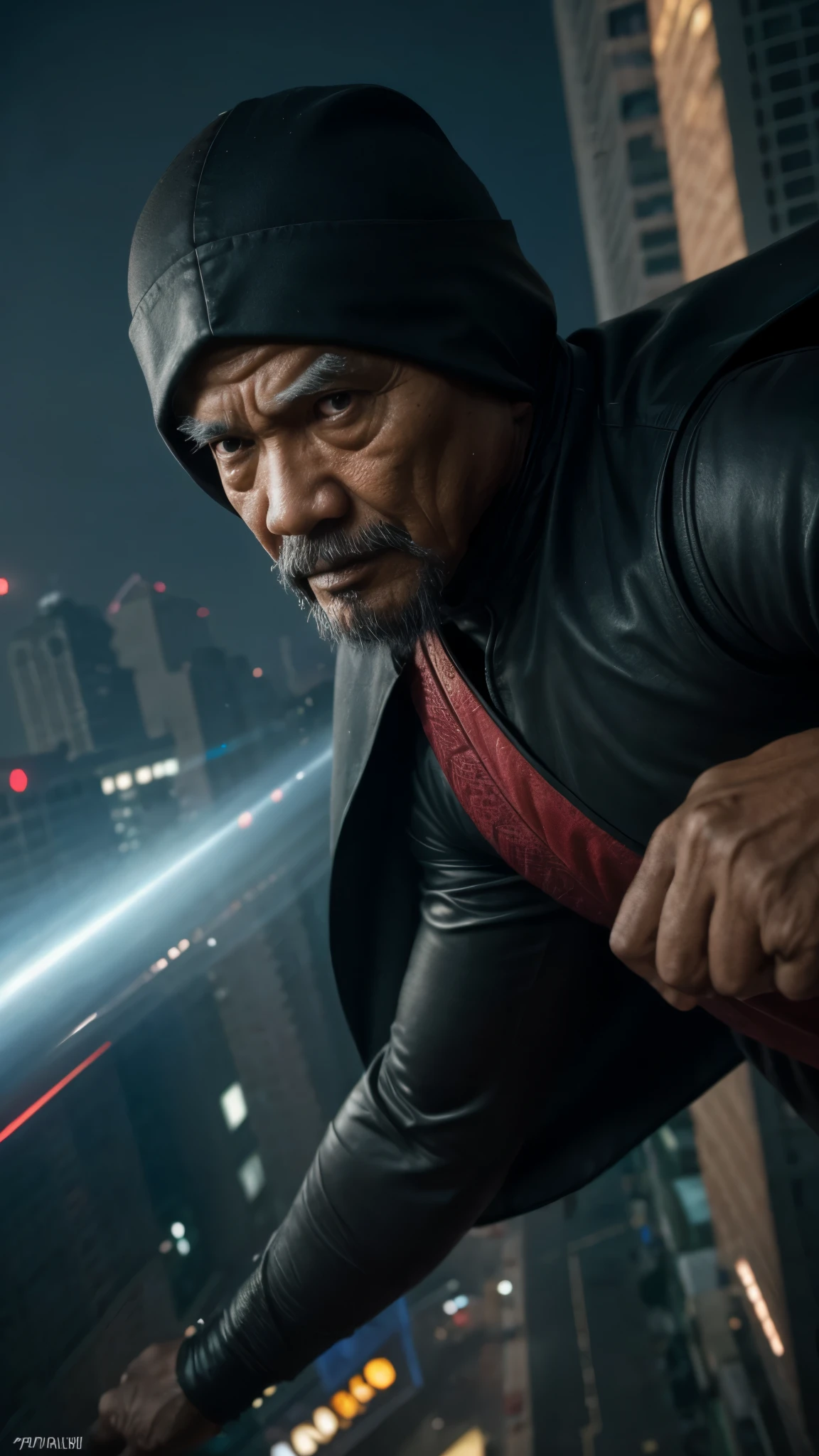 Picture a bustling cityscape where chaos ensues as a villain wreaks havoc. Suddenly, a Malay old man emerges, donning a traditional superhero costume with a modern twist. His cape billows behind him as he soars through the air, ready to confront the villain and protect the city from harm, 28mm lense, extreme close up shot, muted color grading, depth of field cinematography, a thriller film style, high quality, ultra detail, 8k resolution