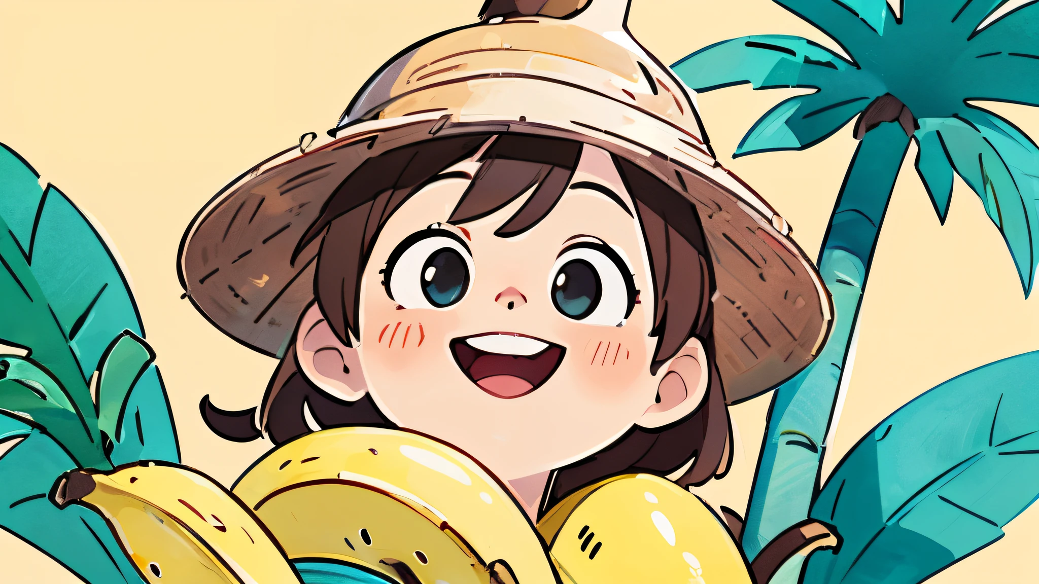 supper happy, banana hat, bananas background pattern, banana tree, yellow background, high detailed, fornite banana costume, shooting, explosion, high contrast, high saturation, guns, bananas, laughing, big eyes, smile, in a close view, front, brown hair