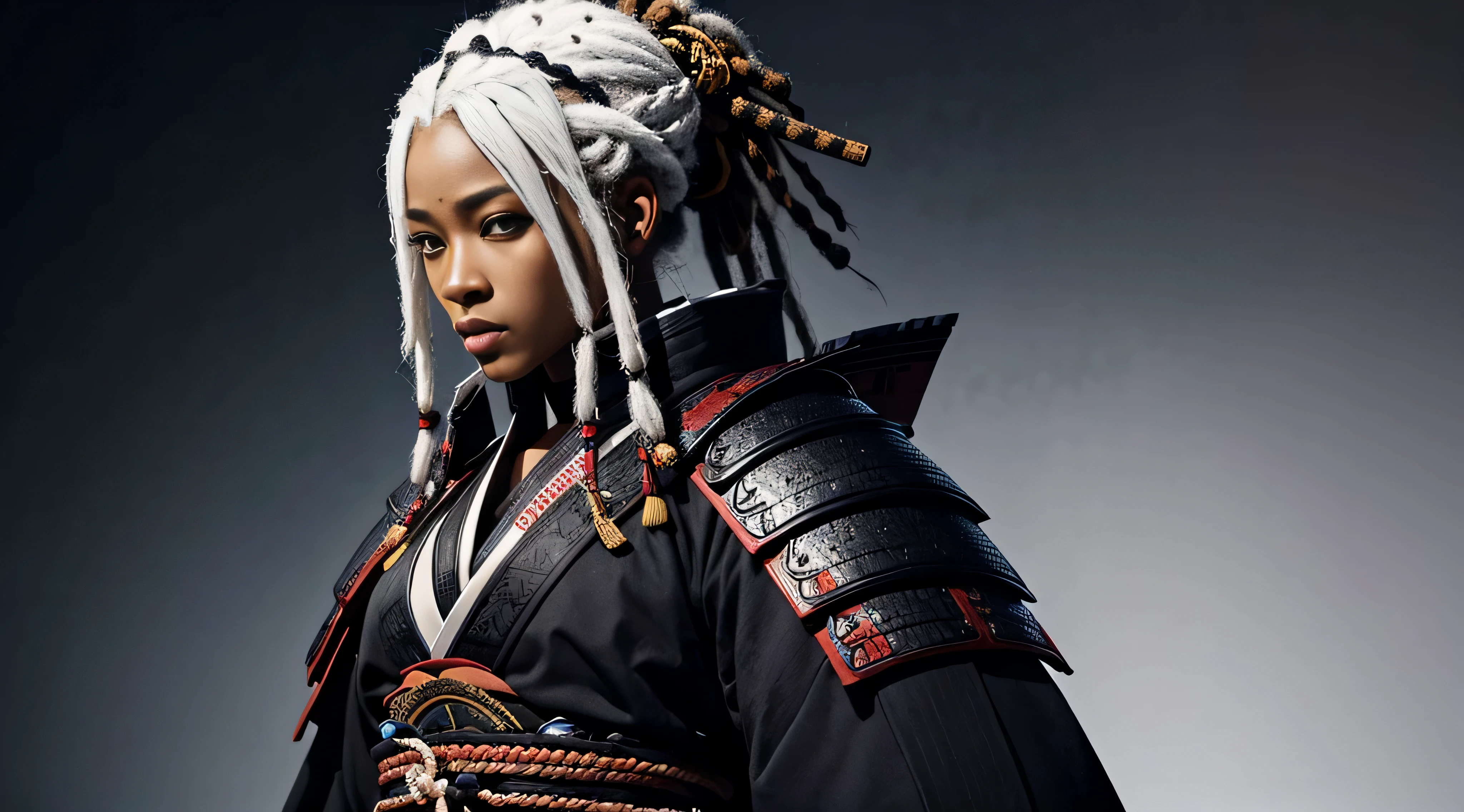 black woman, samurai clothing, Samurai armor, dreadlocks, Ron's, White hair