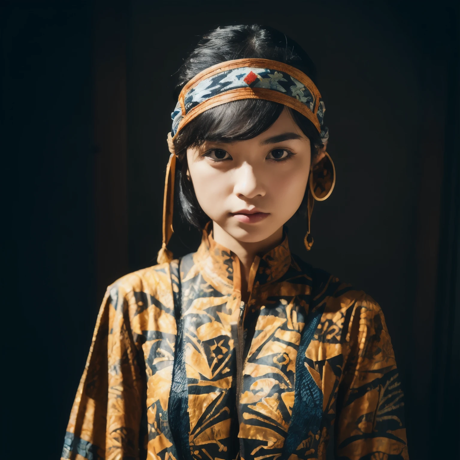 Create a photo of me, 29 years old, wearing a silat attire [(Realistic lighting, best quality, 8k, masterpiece: 1.3]), sharp focus: 1.2, 1 Woman, 29-year-old, Silat outfit: 1.5, (( Traditional batik print, matching headpiece: 1.3 )), ((Slim and athletic body: 1.4)), In focused stance, Brown eyes, Short black hair tied back, Dedicated expression, Indoor setting, Minimalistic background.
