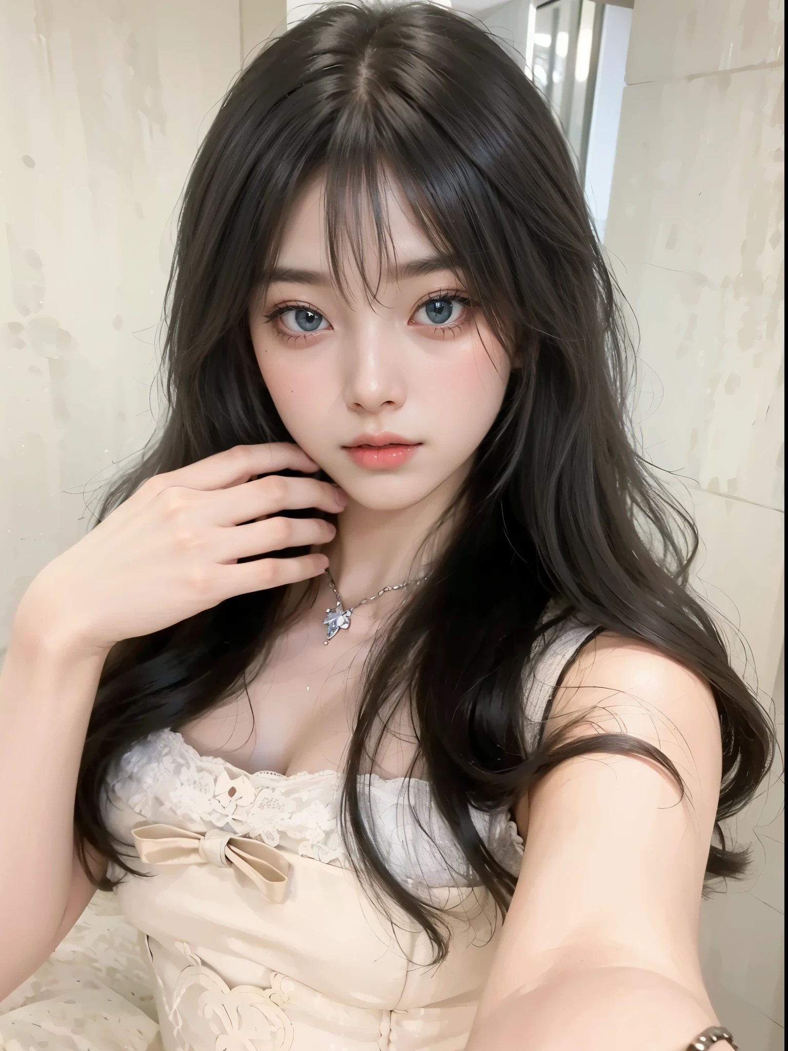 there is a woman in a blue dress sitting, de vestido, Ulzzang, Bela Delfina, , Sakimichan, fair and pale skin!!, Yoshitomo Nara, pale milky white porcelain skin, pale blue, fofo, shikami, garota de anime na vida real, 8K))