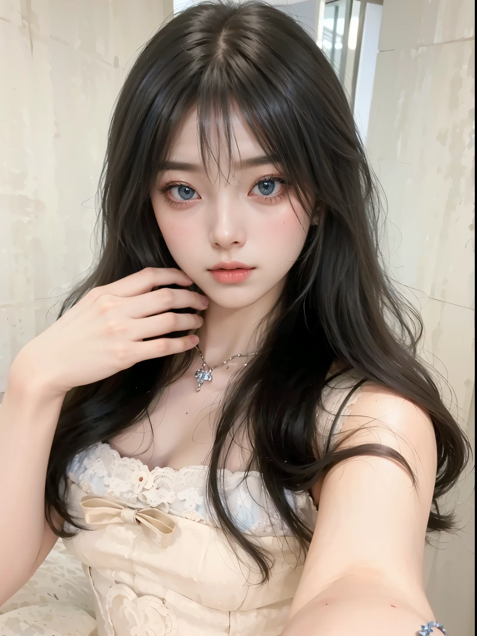 there is a woman in a blue dress sitting, de vestido, Ulzzang, Bela Delfina, , Sakimichan, fair and pale skin!!, Yoshitomo Nara, pale milky white porcelain skin, pale blue, fofo, shikami, garota de anime na vida real, 8K))