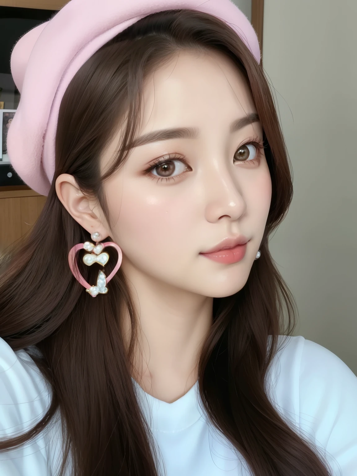 a close-up of a woman wearing a pink hat and earrings, maquiagem sul-coreana popular, maquiagem coreana popular, wearing pearl earrings, small heart-shaped face, boca carnuda, tzuyu de duas vezes, young lovely korean face, linda atriz coreana, linda mulher sul-coreana, Linda jovem coreana, full heart shaped face, tzuyu do twice