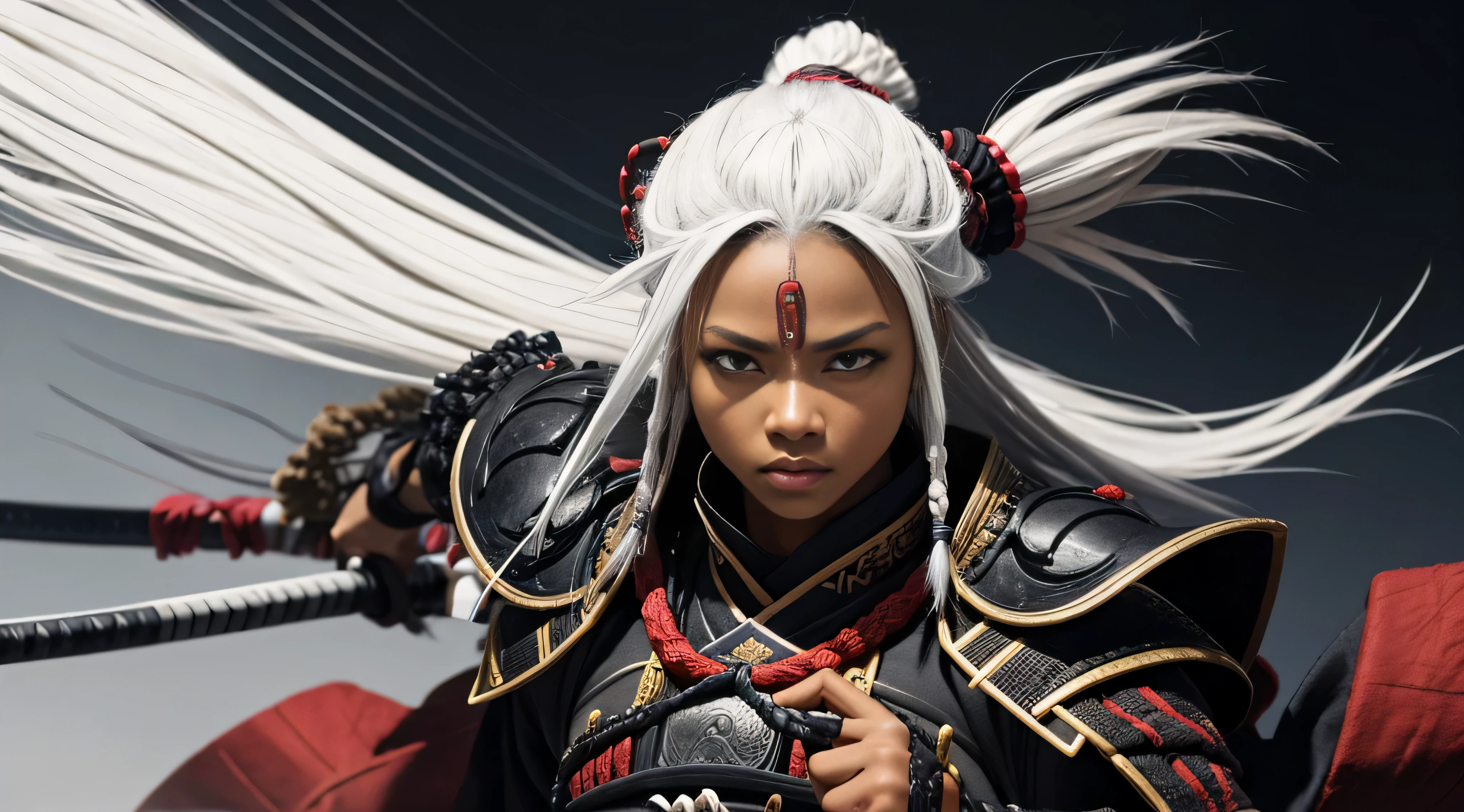 black woman, samurai clothing, Samurai armor, dreadlocks, Ron&#39;s, White hair, Sharingan