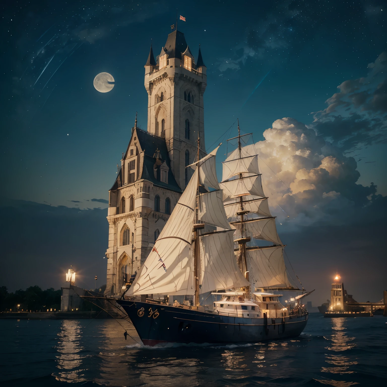 (((masterpiece))),best quality, illustration, sky, cloud, water, star \(symbol\), tree, no humans, night, bird, moon, building, star \(sky\), night sky, scenery, starry sky, watercraft, castle, ship, waves, tower, boat. vibrant color scheme, Soft light,(warm color:1.2),Water color painting, light background, best quality exquisite details,3d rendering,Octane render, pastel, paper_cut