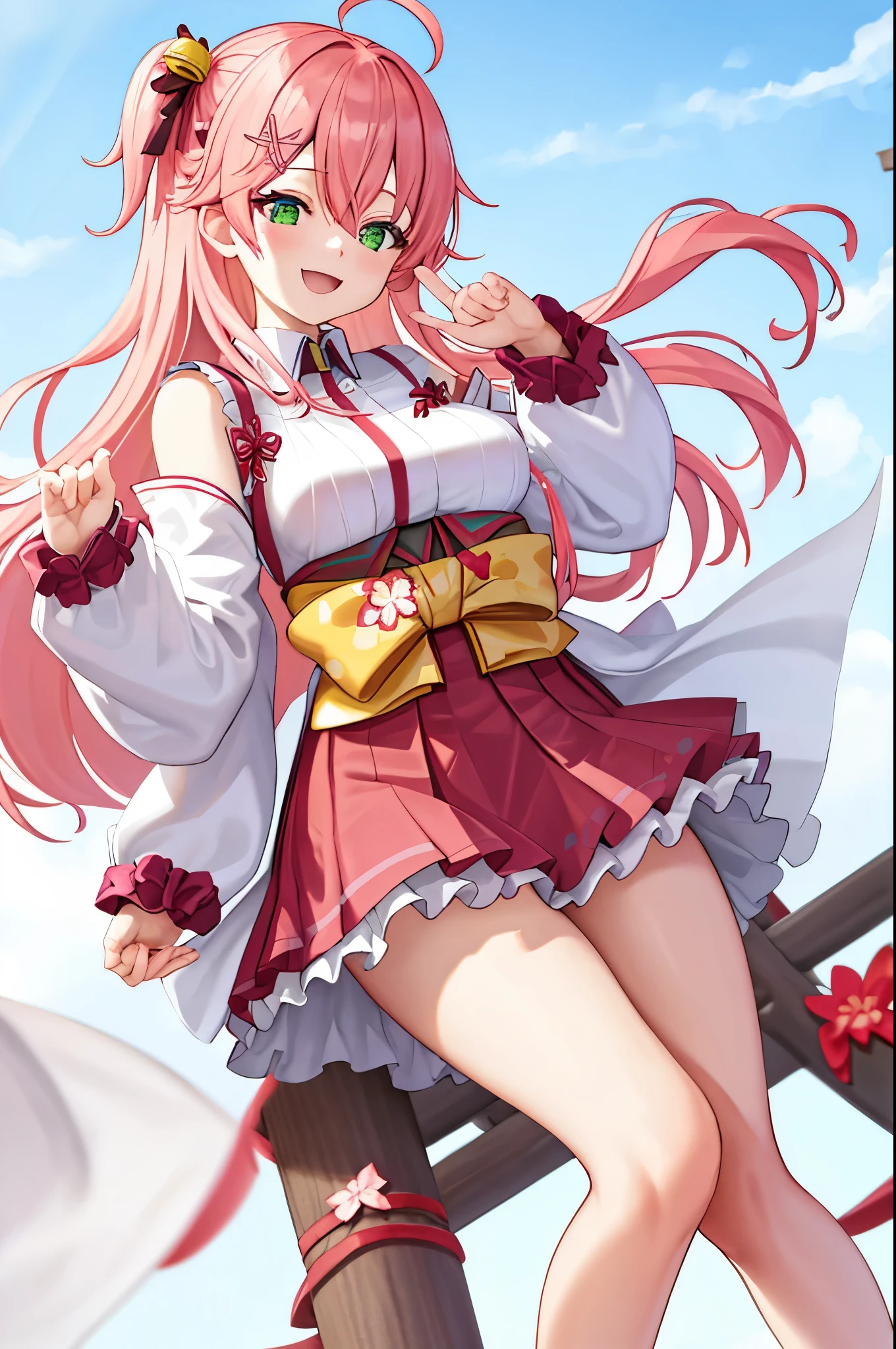 masterpiece, best quality, highres, sakura_miko, 1girl, (teen:1.3),medium_breasts, kimono, solo, ahoge, x_hair_ornament, pink_hair, floral print, hairclip,(side_less_clothes:1.3), (side_breasts:1.3), hair_bell, floral print, long_hair, hair between eyes, one side up, white_thighhighs, wide sleeves, open_mouth,(happy:1.3),green_eyes,smile,apart_legs,(overly_long_sleeves:1.3),),sleeves_past_wrists,hands_hidden_sleeves,sidelock_clothes,solo,hidden_wrists,(XD:1.5),covered_nipples,sunlight,(bare_flank:1.3),boots,open_mouth,kimono,close_eyes,apart_legs