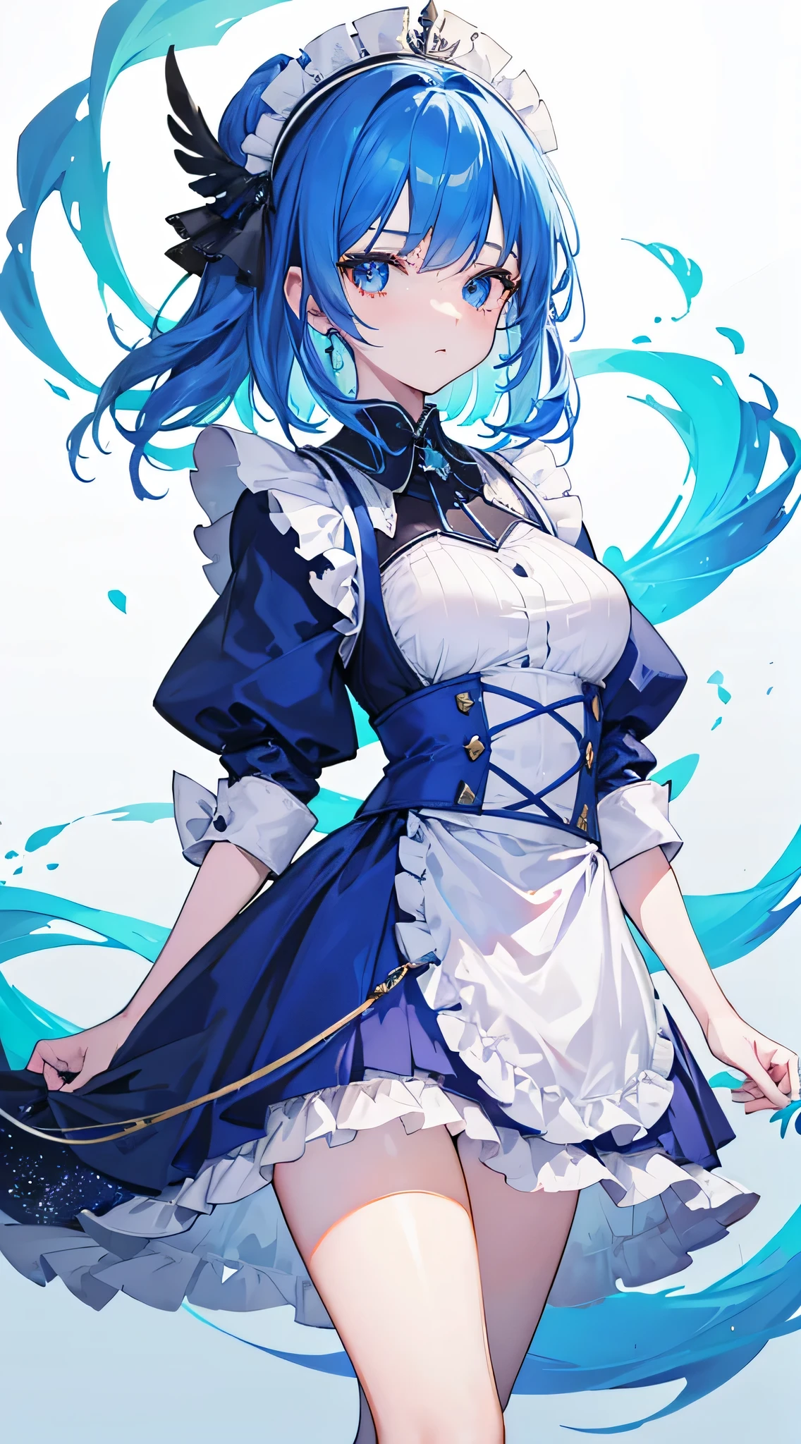 1girl, medium hair, blue eyes, blue hair, wearing long maid outfit, looking at viewer, full body, height 160cm, simple background, high res, ultrasharp, 8k, masterpiece, mature face