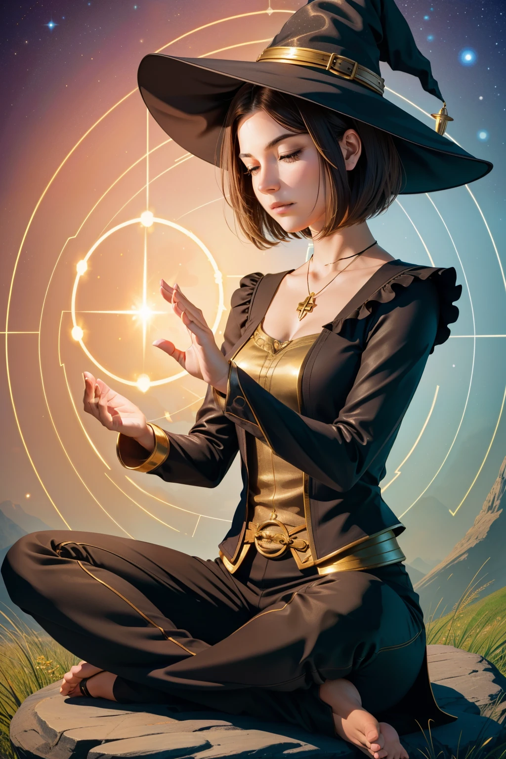 woman , eighteen, well defined, Light brown bob cut hair, skepticism, mystical meditation, sat cross-legged, enter a meditative state for magic, Wearing DeepPlum straight leg pants, Scalloped herringbone asymmetric hem top, , Hat Bell, and and beam (flowing,dot線,Parallels,colloid,charmingな,charmed〜3 witch sisters,charming,hemisphere,circle ,The magic of Gestalt principles:1.3), Connect with the spirits of the land, become one with nature, enchanting shine