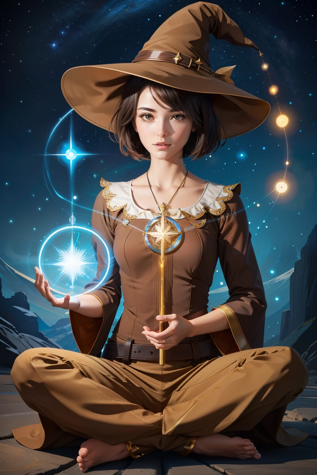 woman , eighteen, well defined, Light brown bob cut hair, skepticism, mystical meditation, sat cross-legged, enter a meditative state for magic, Wearing DeepPlum straight leg pants, Scalloped herringbone asymmetric hem top, , Hat Bell, and and beam (flowing,dot線,Parallels,colloid,charmingな,charmed〜3 witch sisters,charming,hemisphere,circle ,The magic of Gestalt principles:1.3), Connect with the spirits of the land, become one with nature, enchanting shine
