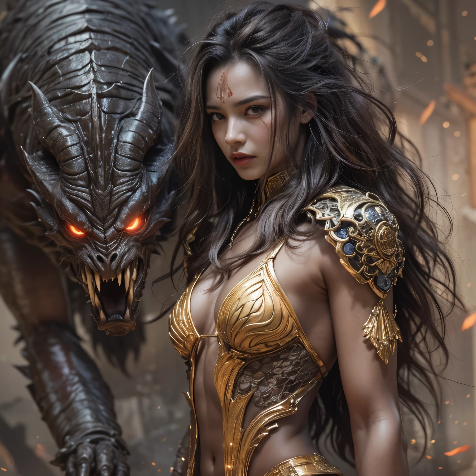 1 female alien, The predator, (extremely beautiful:1.2), (intense gaze:1.4), (predator:1.1), long dark claws, NSFW, nipples, thick eyebrows, orange eyes, the most beautiful face in the universe, ((There is a female genital-like organ in the middle of her forehead:1.1)),
A woman with an extremely beautiful face, her intense gaze fixed on her prey, a primal force that could not be denied.
(beautiful lean body:1.5), (muscular build:1.2), (prowling:1.3), (sleek movements:1.4)
Her beautiful body, muscular and toned, moved with sleek grace as she prowled, ready to strike at a moment's notice. The predator within her was always on
