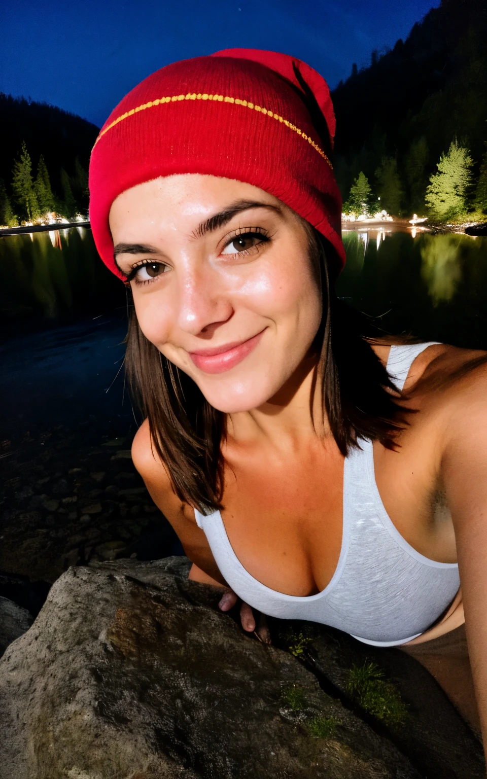 photograph, photo of beautiful woman, selfie, upper body, solo, no top, outdoors, (night), mountains, real life nature, stars, moon, cheerful, happy, gloves, nice breasts, beanie, forest, rocks, river, wood, smoke, fog, looking at viewer, skin texture, photo grain, close up, RAW photo, 