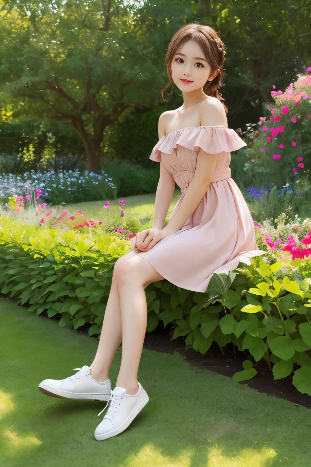 highest quality,cute girl,round face,beautiful body,Slender legs,Big brown eyes,cherry cheeks,thin lips,brown braided shoulder length hair,pink dress,cute leather shoes,Falling sun,garden
