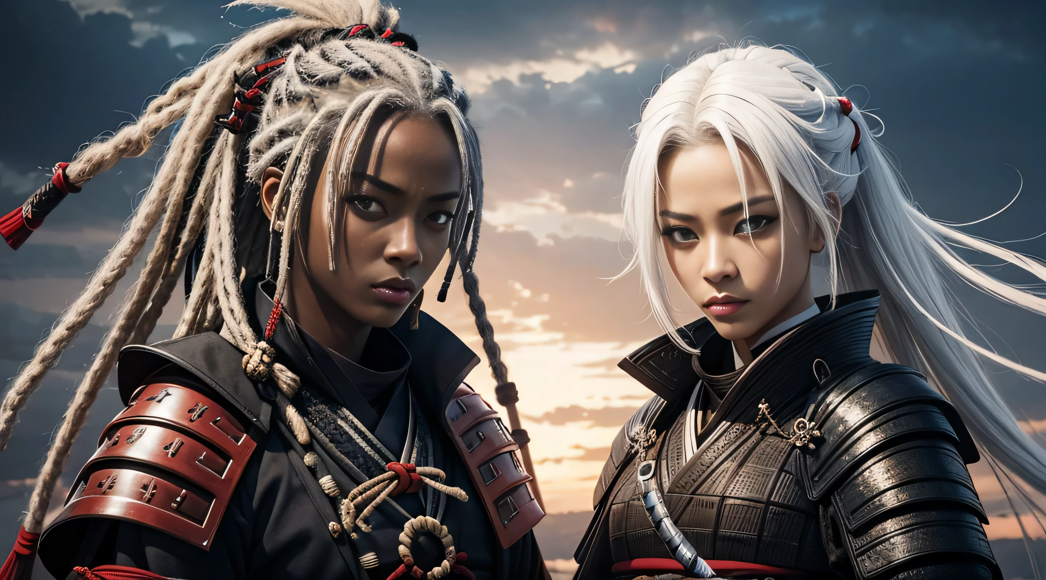 black woman, samurai clothing, Samurai armor, dreadlocks, Ron&#39;s, White hair, Sharingan eyes