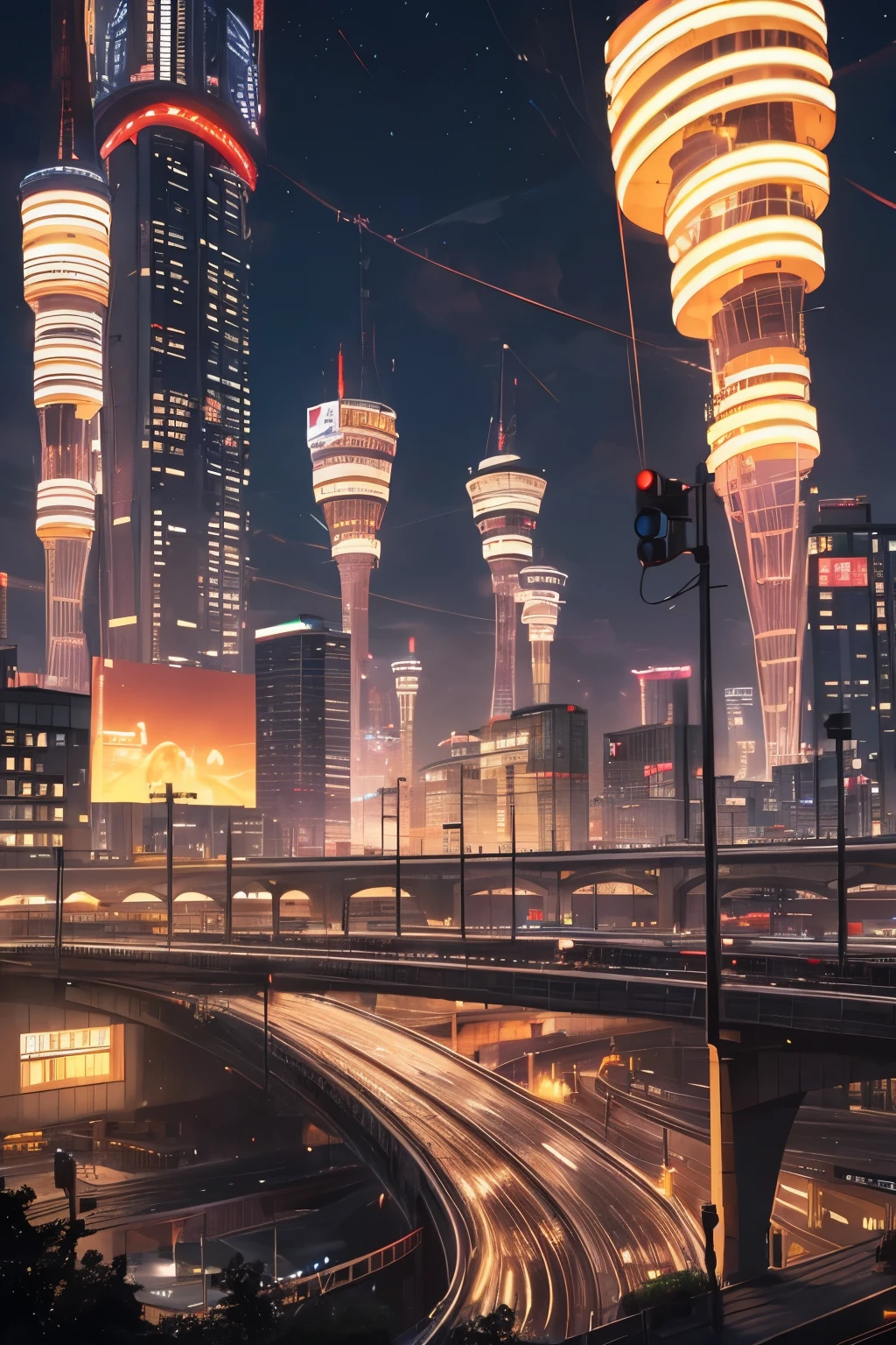 Masterpiece, top quality, 4K UHD,
a tall and thin metal tower,
in the style of futuristic cardboard-core architecture,
spider-like structure,
dramatic angles and perspective,
glass and metal exterior reflecting city lights,
nginda, the mystical city,
surrounded by fantastical bridges,
swirling soot from industrial factories in the background,
the halls of enlightenment and knowledge shining brightly,
a bullet train passing by,
leaving a trail of light in the night, --auto --s2