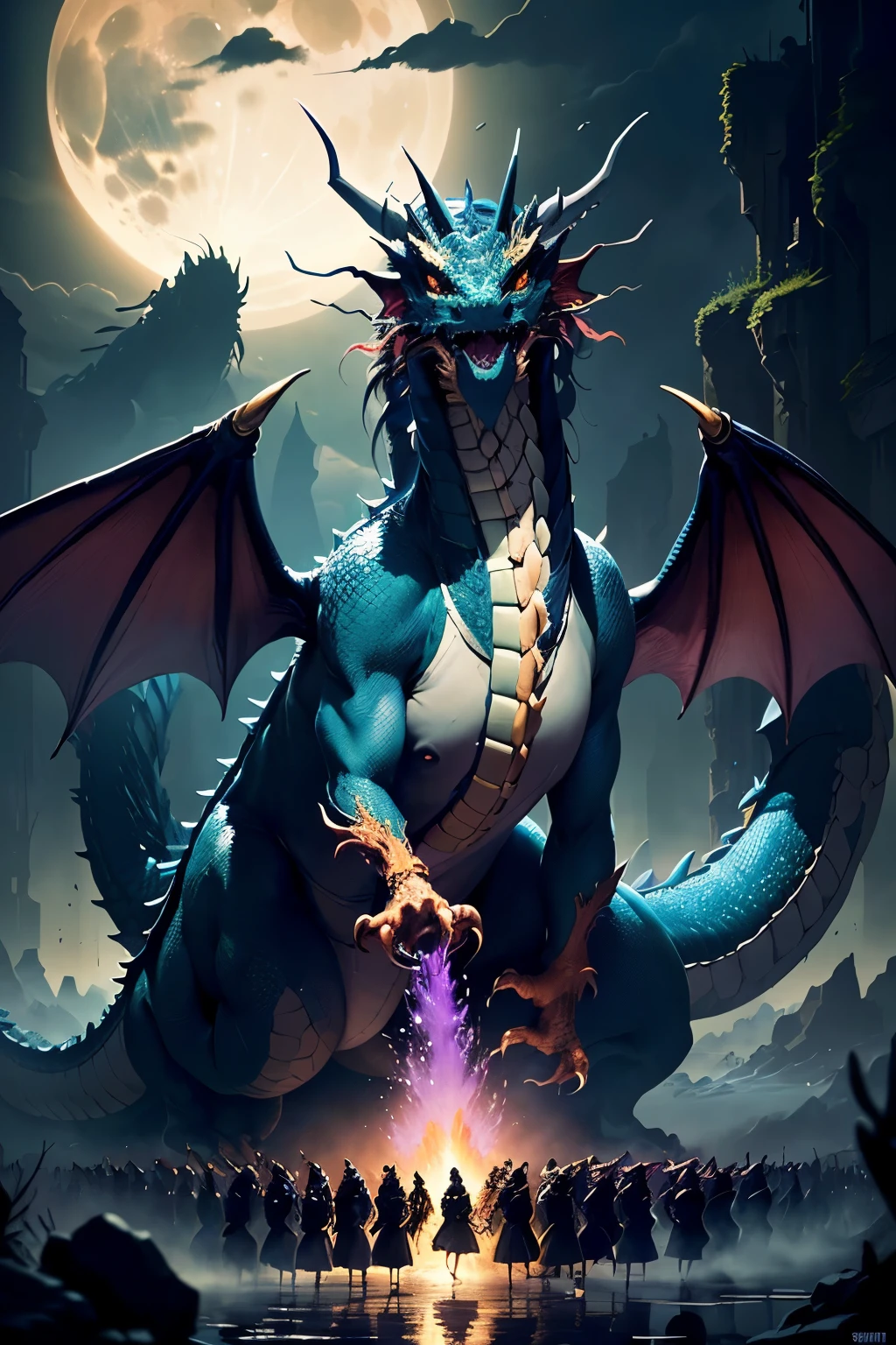 ((best quality)), ((masterpiece)), (detailed), perfect face, Fantasy action scene, (("(Group of women priestesses!!:1.3) magically summoning 1dragon!! (Western Dragon:1.5) made of swirling_liquid_metal and lavenderblooms!!")), ((("dissolving dragon!!"))), on a full moon night in a supernatural forest, Metallic_Vexing_Violet_color accents, magic, soft lighting, sharp focus, by Marc Simonetti & yoji shinkawa & wlop & james jean, nekroxiii, paint drops, rough edges, trending on artstation, studio photo, intricate details, highly detailed, moonrays, detailed brushwork, illustration, epic perfect composition, energetic, dan mumford and anna dittmann,