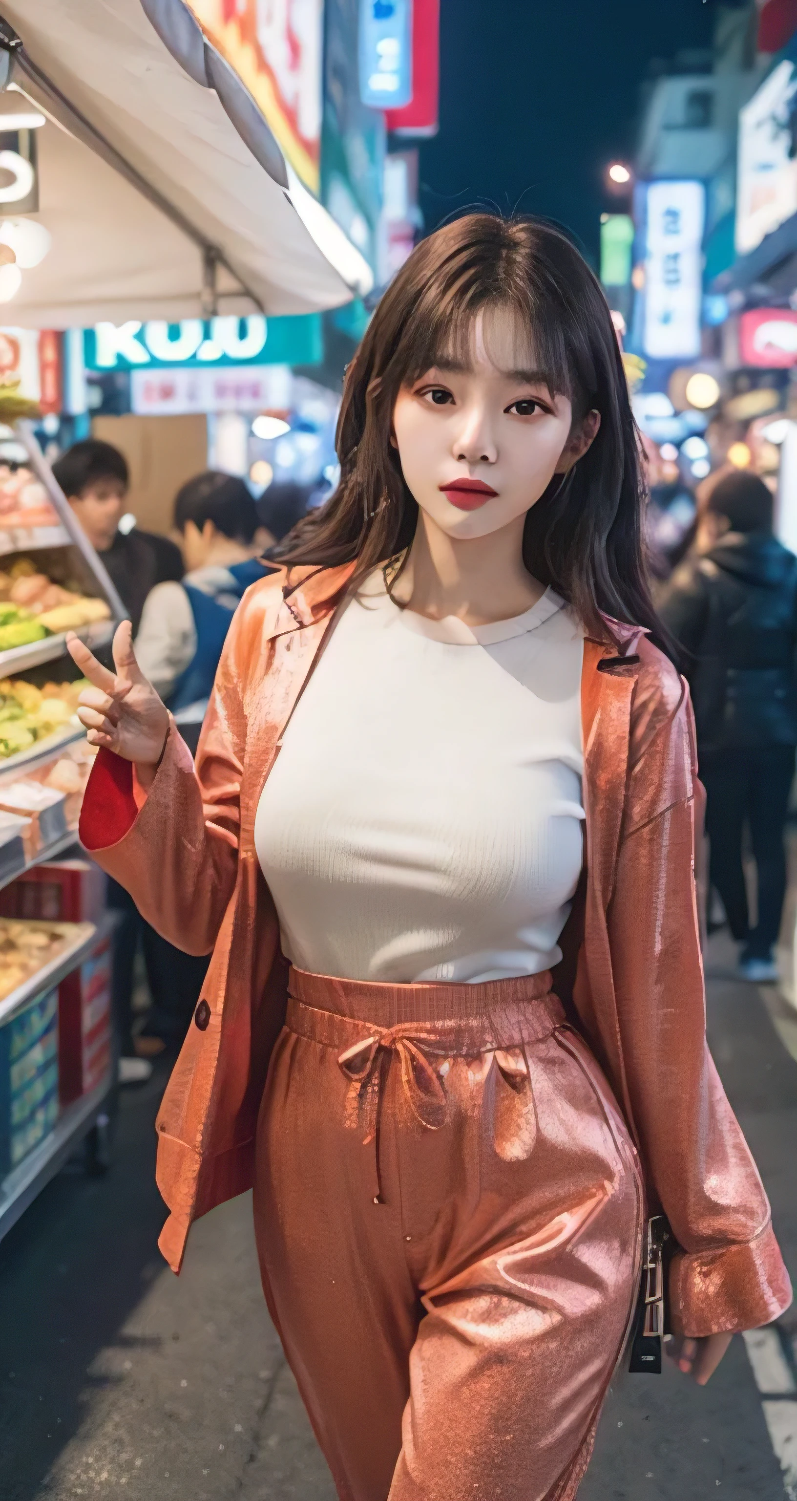 Best Quality Detail:1.2, realisitic, 8K UHD, hight resolution, 1girl in:1.2, The ultra-detailliert, High quality textures, intricate detailes, detaileds, Very detailed CG, High quality shadows, Detail Beautiful delicate face, Detail Beautiful delicate eyes, depth of fields, Ray traching, masterpiece, best quality,ulzzang -6500-v1.1:0.6, pureerosface_v1, Pretty korean Girl, Korean Urzan Face:1.1, milf, 28 year old woman,short neon orange hair,shiny_skin,thin_waist,gigantic breasts,wearing red pajamas with black jacket outer, 4K, 8K UHD Full Color RAW Photos, Fuji Film(Medium format:1.2), Hasselblad:1.2, Carl zeiss:1.1, Incredible dynamic range photography(UTIL_Art by Smoose-768:1.1), hight resolution, High pixel count, clear details, crisp image, Natural color reproduction, Noise Reduction, High fidelity, qulity, Software Improvements, Upscaling, Optimized algorithms, Pro-level retouching,crowd:1.1,depth of field,looking at viewer,random pose walking at the Daegu street market background,random sexy pose walking at the Daegu street market