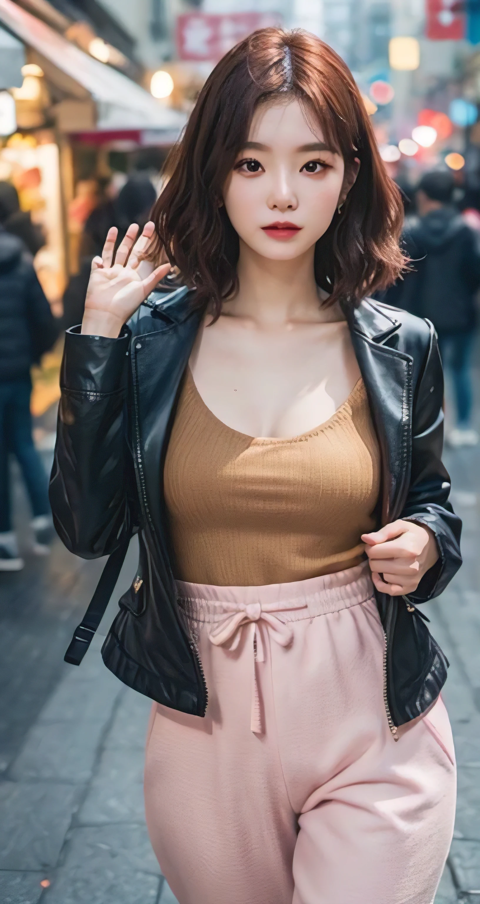 Best Quality Detail:1.2, realisitic, 8K UHD, hight resolution, 1girl in:1.2, The ultra-detailliert, High quality textures, intricate detailes, detaileds, Very detailed CG, High quality shadows, Detail Beautiful delicate face, Detail Beautiful delicate eyes, depth of fields, Ray traching, masterpiece, best quality,ulzzang -6500-v1.1:0.6, pureerosface_v1, Pretty korean Girl, Korean Urzan Face:1.1, milf, 28 year old woman,short neon orange hair,shiny_skin,thin_waist,gigantic breasts,wearing red pajamas with black jacket outer, 4K, 8K UHD Full Color RAW Photos, Fuji Film(Medium format:1.2), Hasselblad:1.2, Carl zeiss:1.1, Incredible dynamic range photography(UTIL_Art by Smoose-768:1.1), hight resolution, High pixel count, clear details, crisp image, Natural color reproduction, Noise Reduction, High fidelity, qulity, Software Improvements, Upscaling, Optimized algorithms, Pro-level retouching,crowd:1.1,depth of field,looking at viewer,random pose walking at the Daegu street market background,random sexy pose walking at the Daegu street market