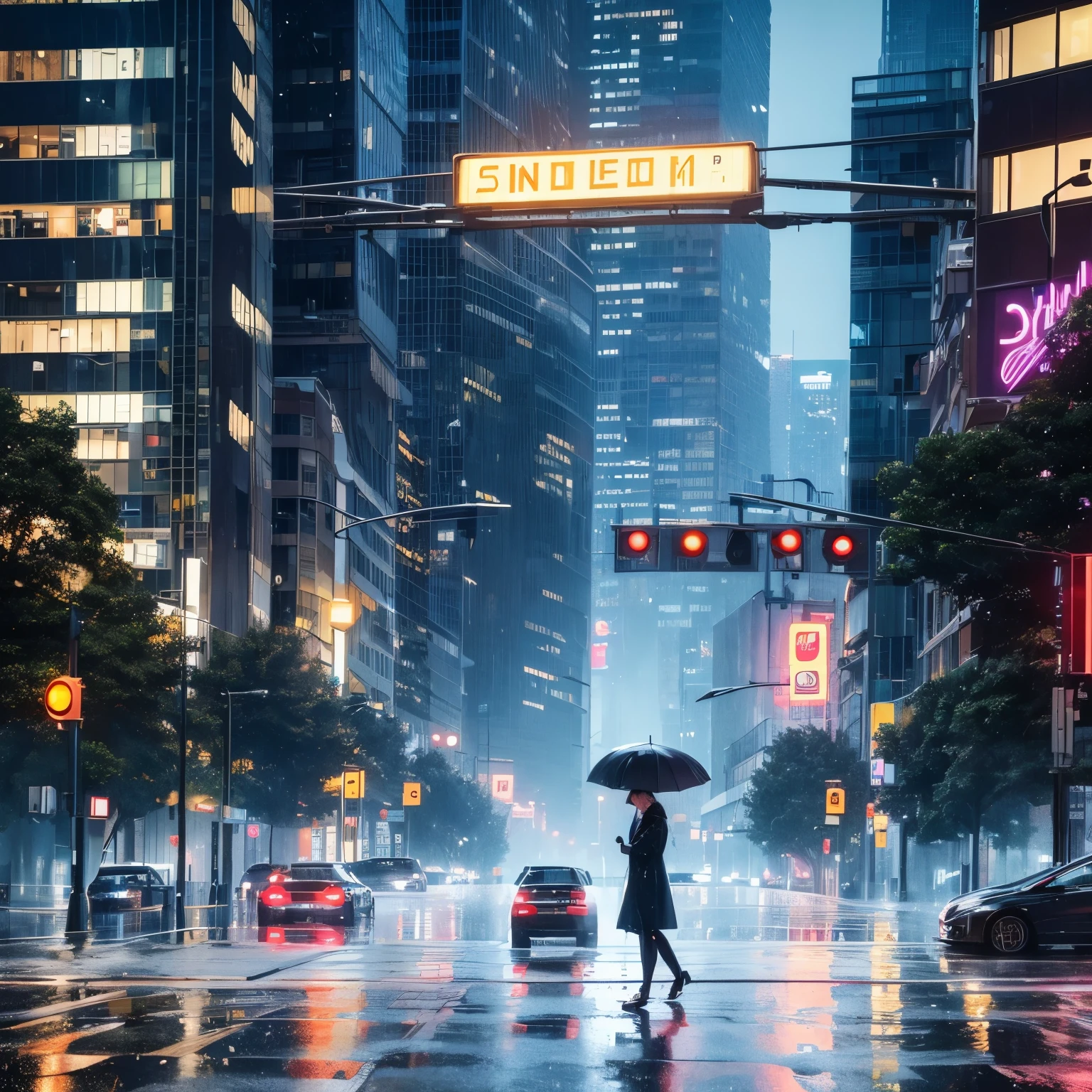 (A rainy day in the city center, people and cars on the street, skyscrapers, buildings, and trees in the background, with a soft cyberpunk tone) (best quality,ultra-detailed,realistic),rainy street,cityscape,reflective surfaces,neon lights,glimmering raindrops,dynamic motion,urban life,moody atmosphere,blurred car lights,shimmering reflections,streetscape,slick roads,wet pavement,urban hustle and bustle,pedestrians with colorful umbrellas,wet sidewalks,glowing signs,tall glass buildings,droplets on windows,city lights reflected in the rain,wet tree branches,glistening puddles,nighttime vibes,dramatic shadows and highlights