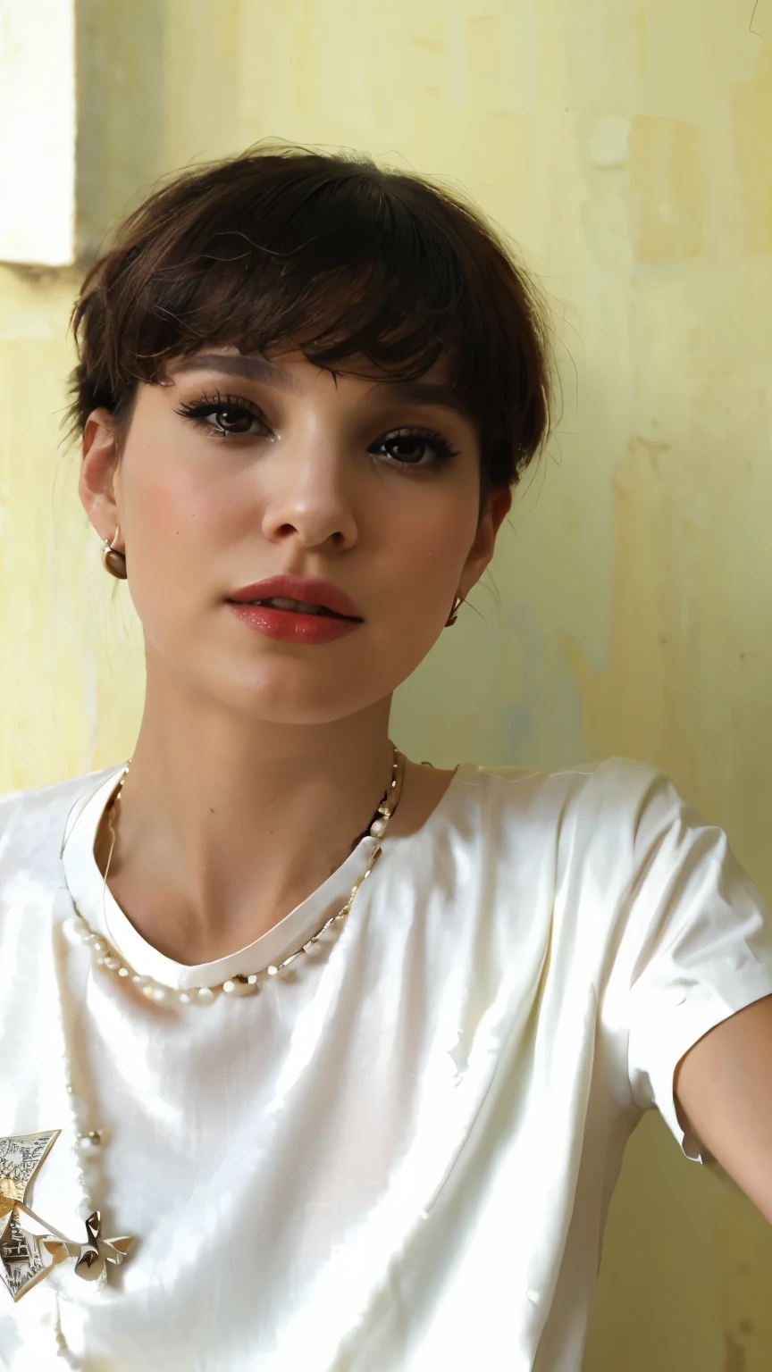 Natalie Portman, Oil painting, Renaissance, Leonardo da Vinci, model, modern style, modern clothing, pop star, cool, short hair red color pearl necklace, earrings, modern makeup, red lipstick, Starry night, dress with black stars, ring, defined strokes