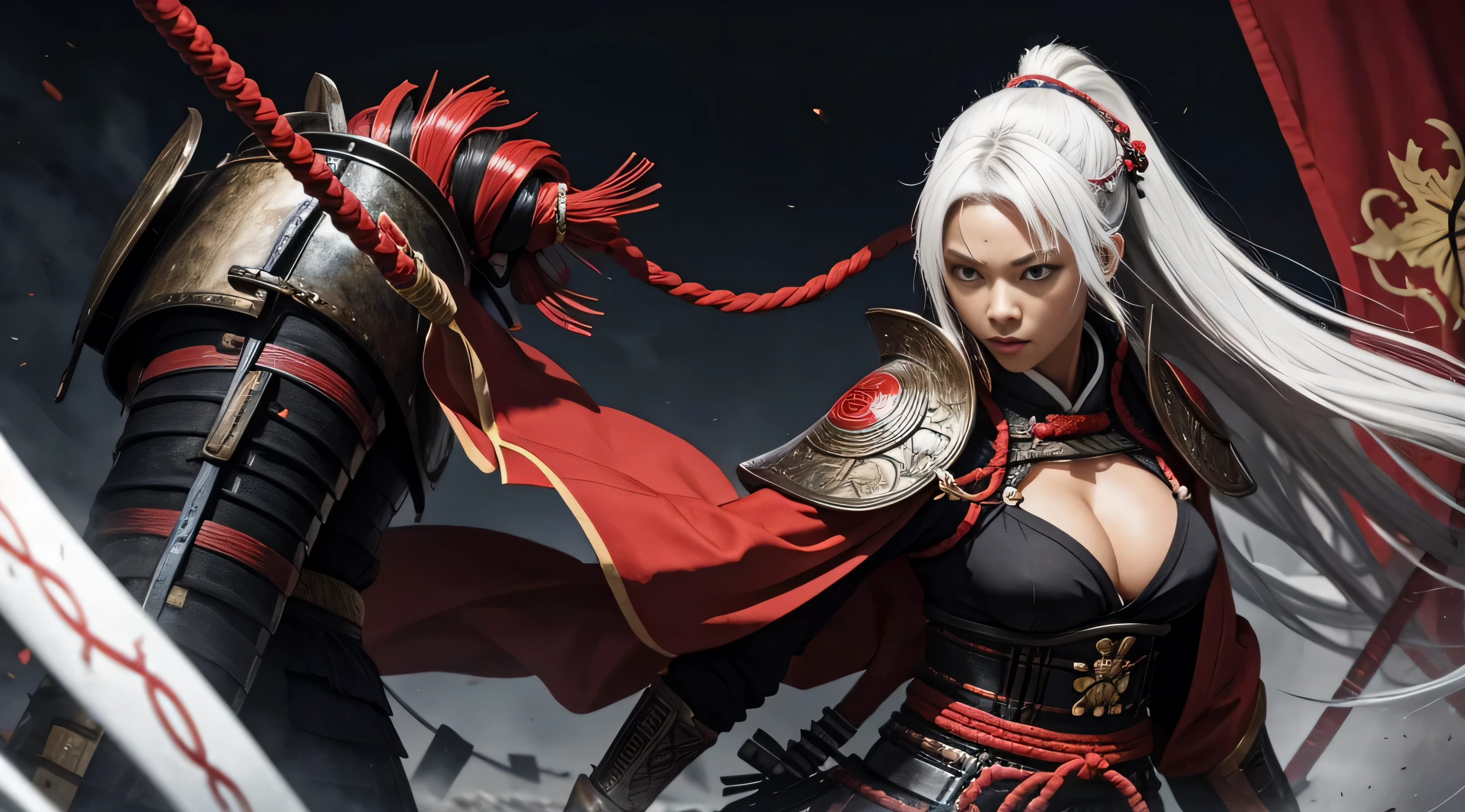 black woman, samurai clothing, Samurai armor, dreadlocks, Ron&#39;s, White hair, Red eyes