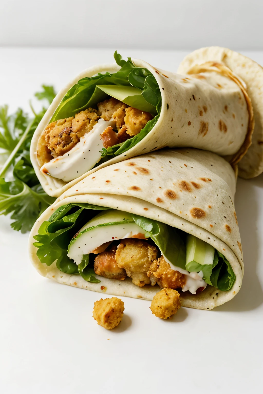 A mouthwatering vegan wrap, elegantly presented on a pristine white worktop against a pristine white background. Inside the wrap, crispy golden vegan nuggets, perfectly round or oval in shape, exude an inviting aroma. The wrap's ingredients include fresh greens, vibrant veggies, and a tangy sauce that complete the scrumptious package. The vegan nuggets, golden and crispy, are the stars of the dish, promising a delightful texture and satisfying crunch in each bite.