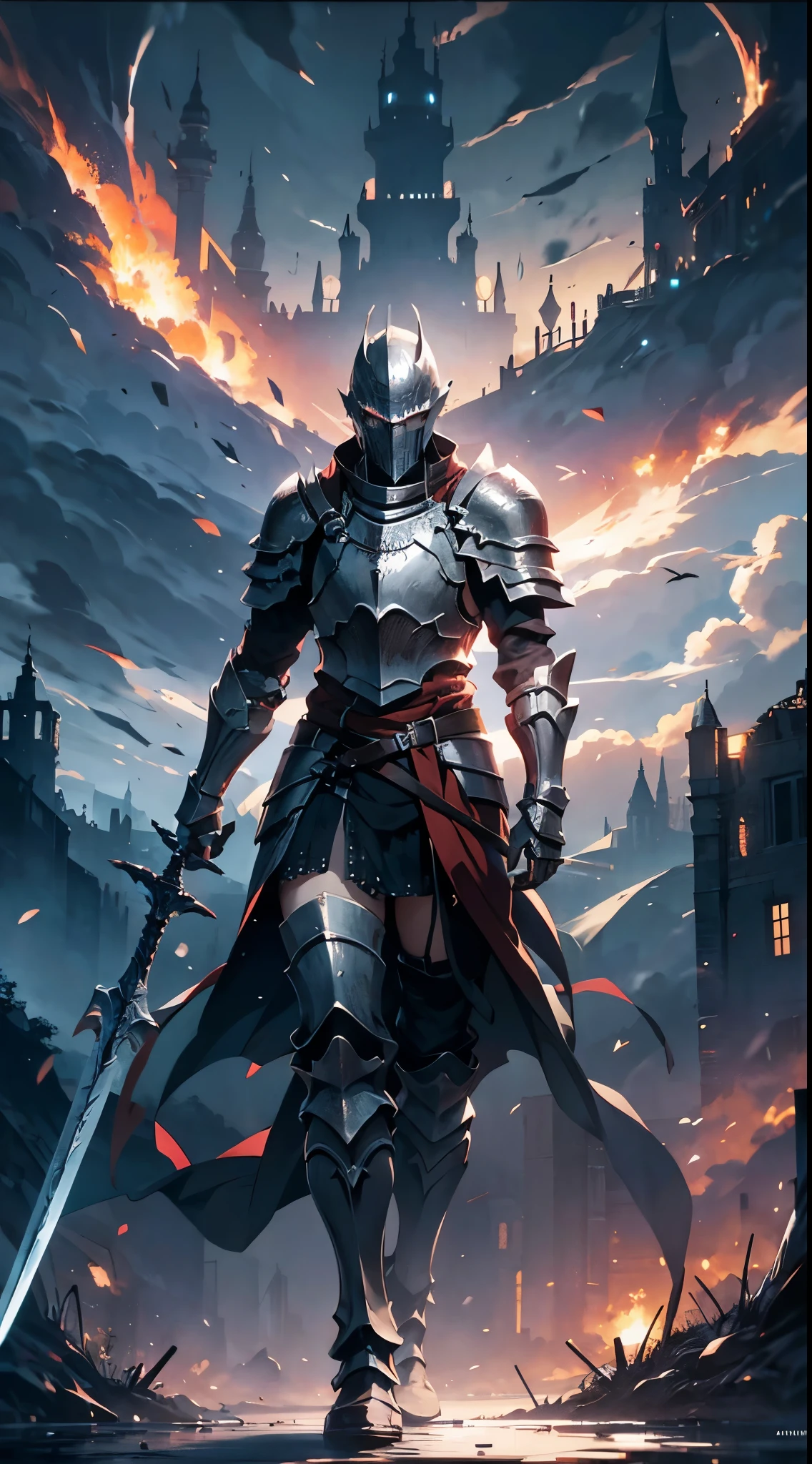 anime boy in armor with a sword, dark brown hair, dark souls art style, dark souls knight, the dark souls knight, artorias, fantasy knight, (armored knight) , dark souls style, dark souls colour scheme, evil knight, knight, undead knight, berserk art style, strong fantasy knight, dark souls art, infinity blade concept art