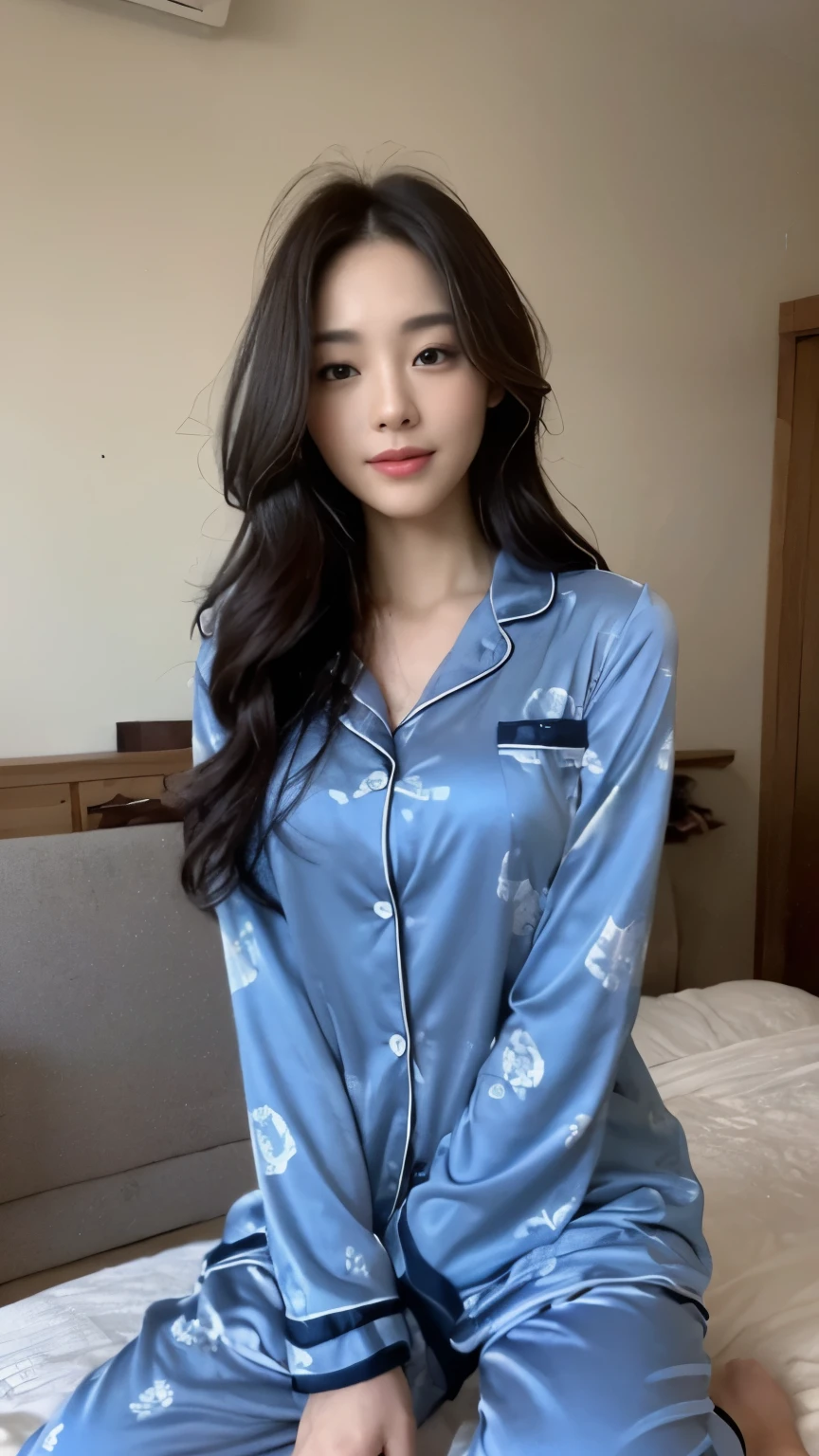 ((top-quality、8k、masterpiece:1.3))、Beautiful woman with perfect body:1.4、slim abdomen:1.2、Longhair, normal breast, Highly detailed facial and skin texture, A detailed eye, delicate eyes, double eyelid, (smile), (full body shot), ((bedroom)), (sitting on bed), (((wearing blue pyjamas)), looking in front