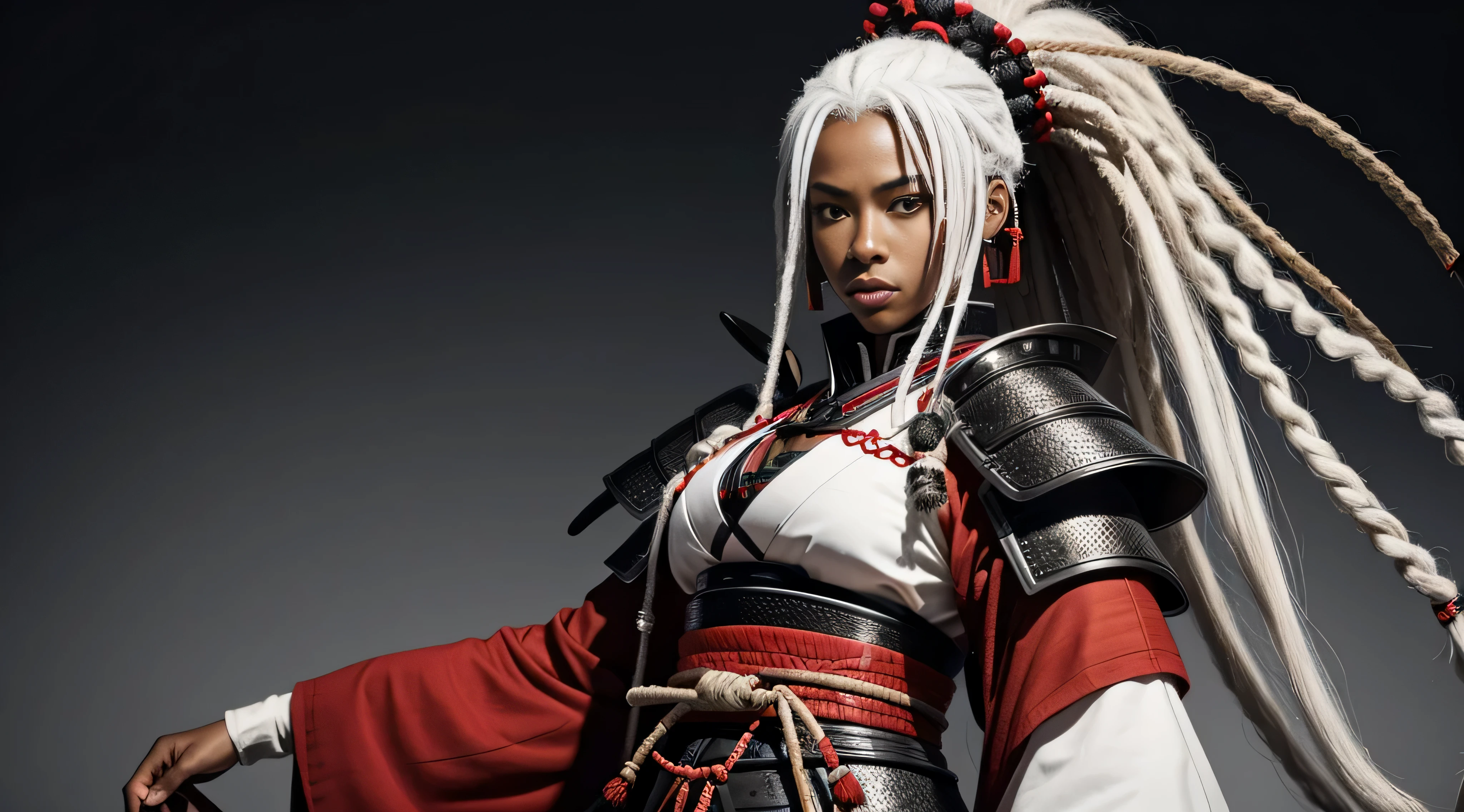 black woman, samurai clothing, Samurai armor, dreadlocks, Ron&#39;s, White hair, Red eyes