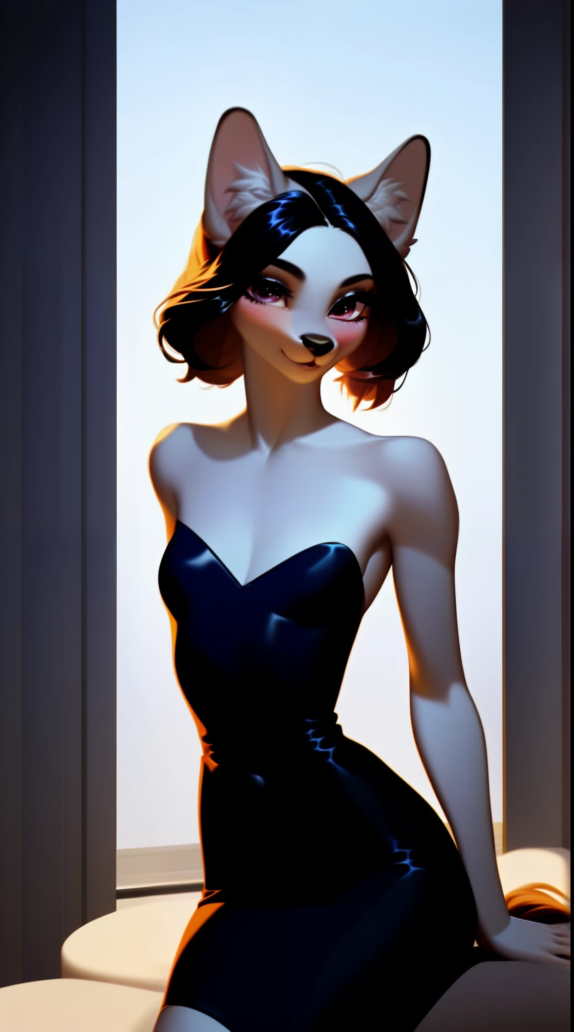 (score_9), (source_ derpibooru_p_95),m, ((cute anthro canine :1.1)), (black bodycon dress), blushing, teenager, cute look, solo, long dark hair, anatomically correct, flat chest , high res, extremely detailed, adorable, ribs, hip bones, living room, 1girl, absurd resolution, moonlight, cute nose, cute snout, realistic hair, fluffy ears, skinny waist, fancy hair, 