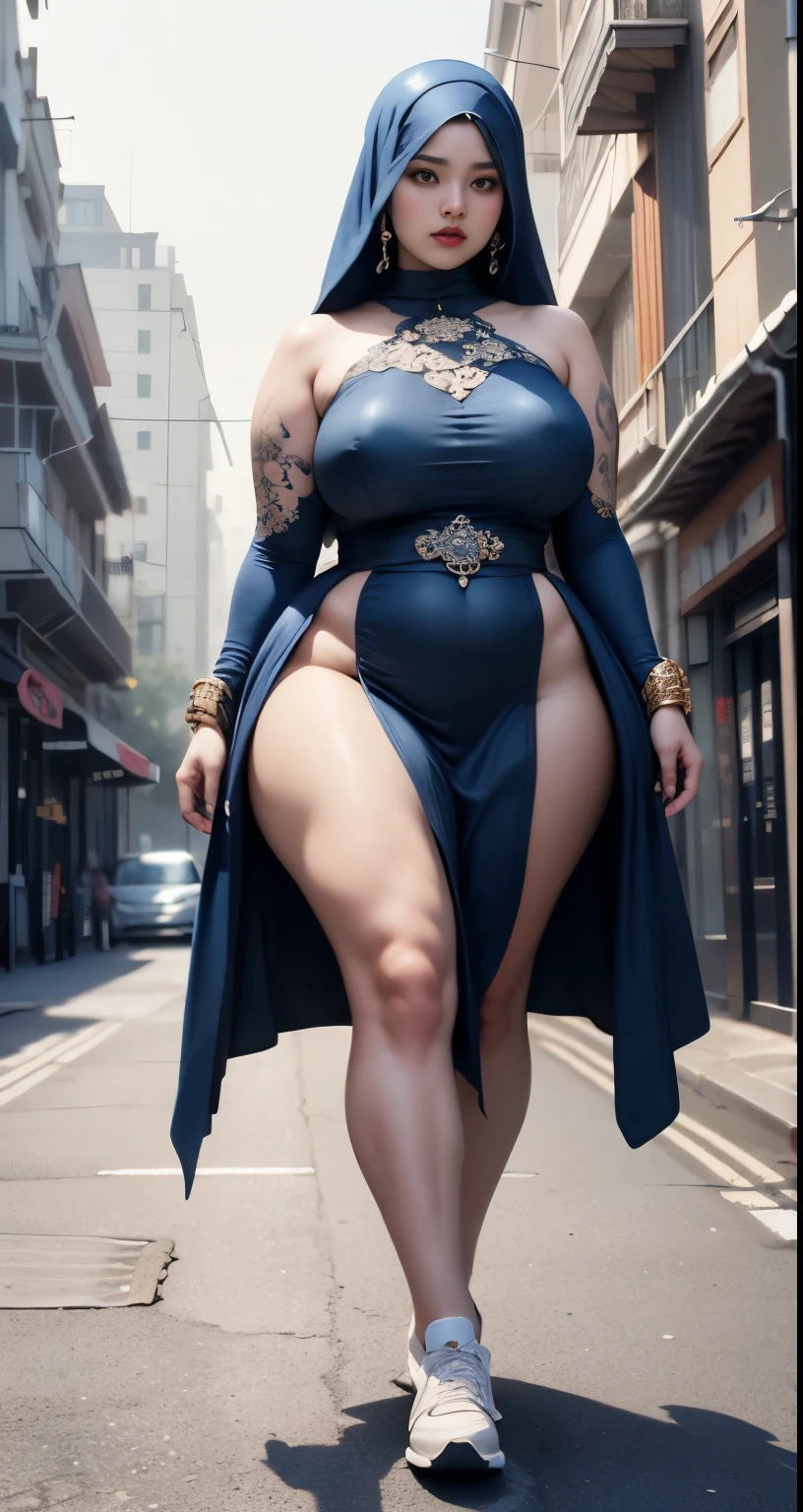 ((best quality)), ((masterpiece)), (detailed), perfect face, araffe woman in a dark-blue dress walking down a street, thicc, she has a jiggly fat round belly, bbwchan, wearing dress, skinny waist and thick hips, widest hips, her belly is fat and round, soft curvy shape, hyperrealistic full figure, wearing a cute dress , wide hips, cropped shoulders，Bare belly,(big assa:0.7),show legs,, thicc, beautiful thick female, beautiful curvy female,, Tall and tall，clear curvy details, curvy hourglass figure, alluring plus sized model, bbwchan, Voluptious body, Curvy model, Curvy body, Be red in the face, 1girll, a matural female, A MILF, the golden ratio,(Kpop idol),(Oil skin:0.72),(Oil skin:1.1), iremuzi tattoos on thighs, big tattoo on thighs, japanese goddess , korean Goddess , milky white skin, wearing hijab clothes, wearing sneakers 