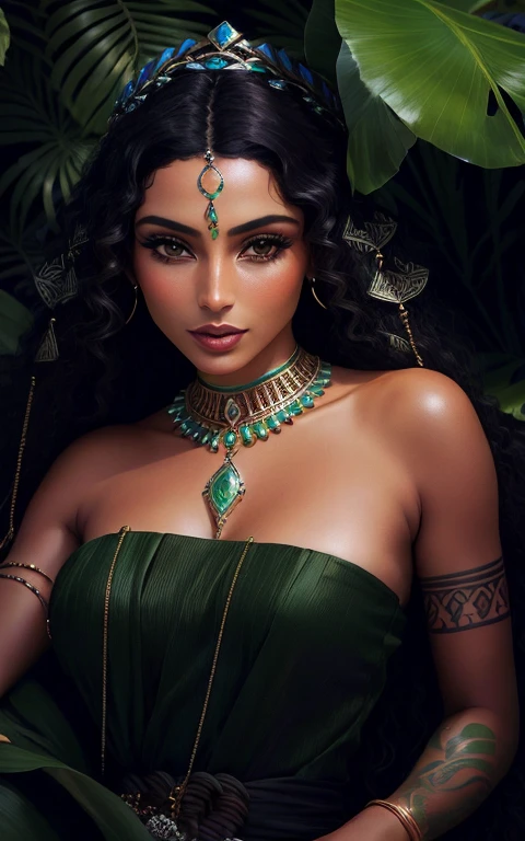 Good quality image of the Sumerian/Akkadian goddess Uttu, goddess of plants and vegetation, dark skin, caramel-colored skin, scantily clad, dressed in babilonic clothing, plant leaves and gold ornaments, small breasts. nude.