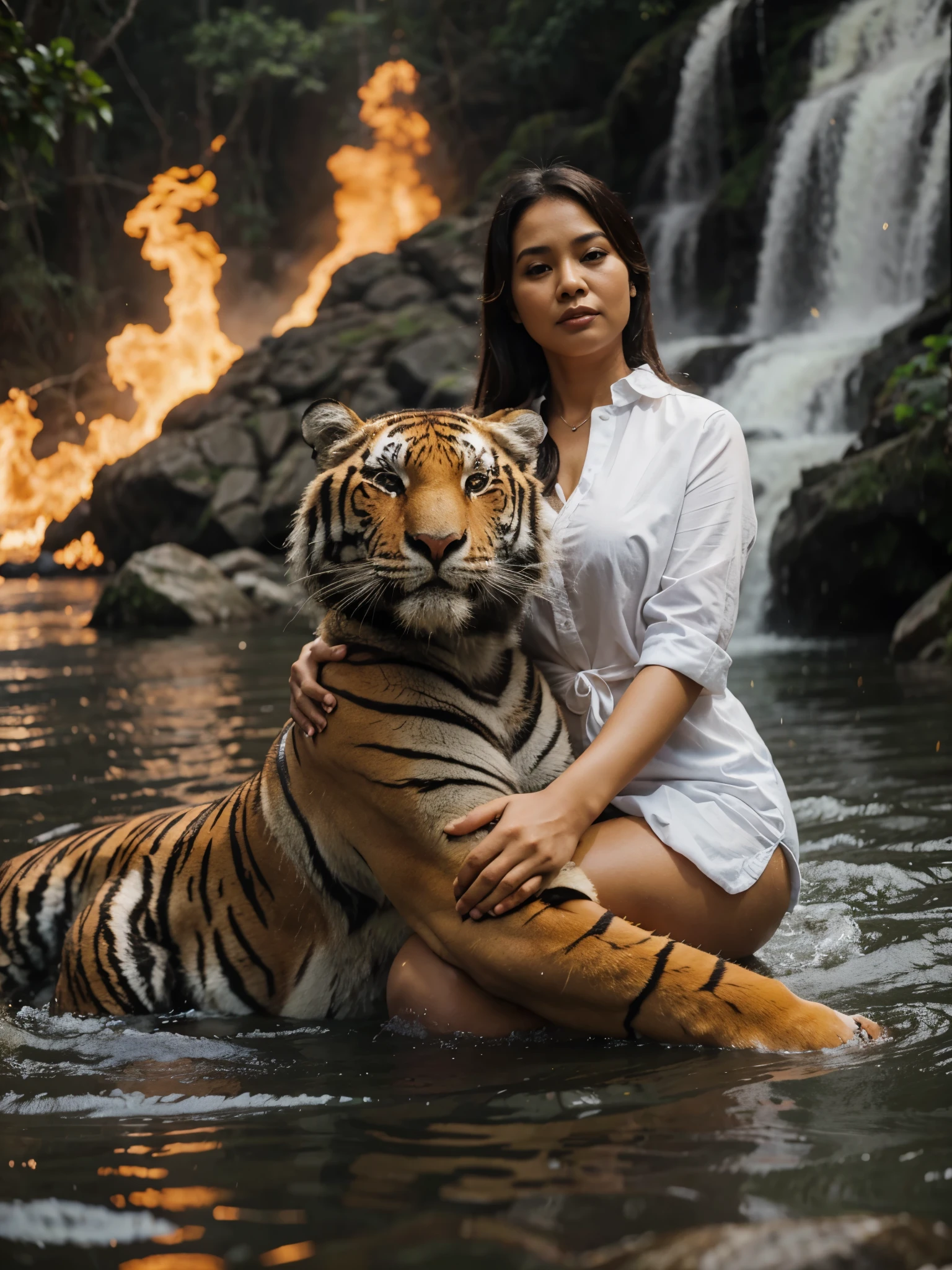 Indonesia woman, fat. Plump body, mature woman, 40 year old, with Tiger in the river
