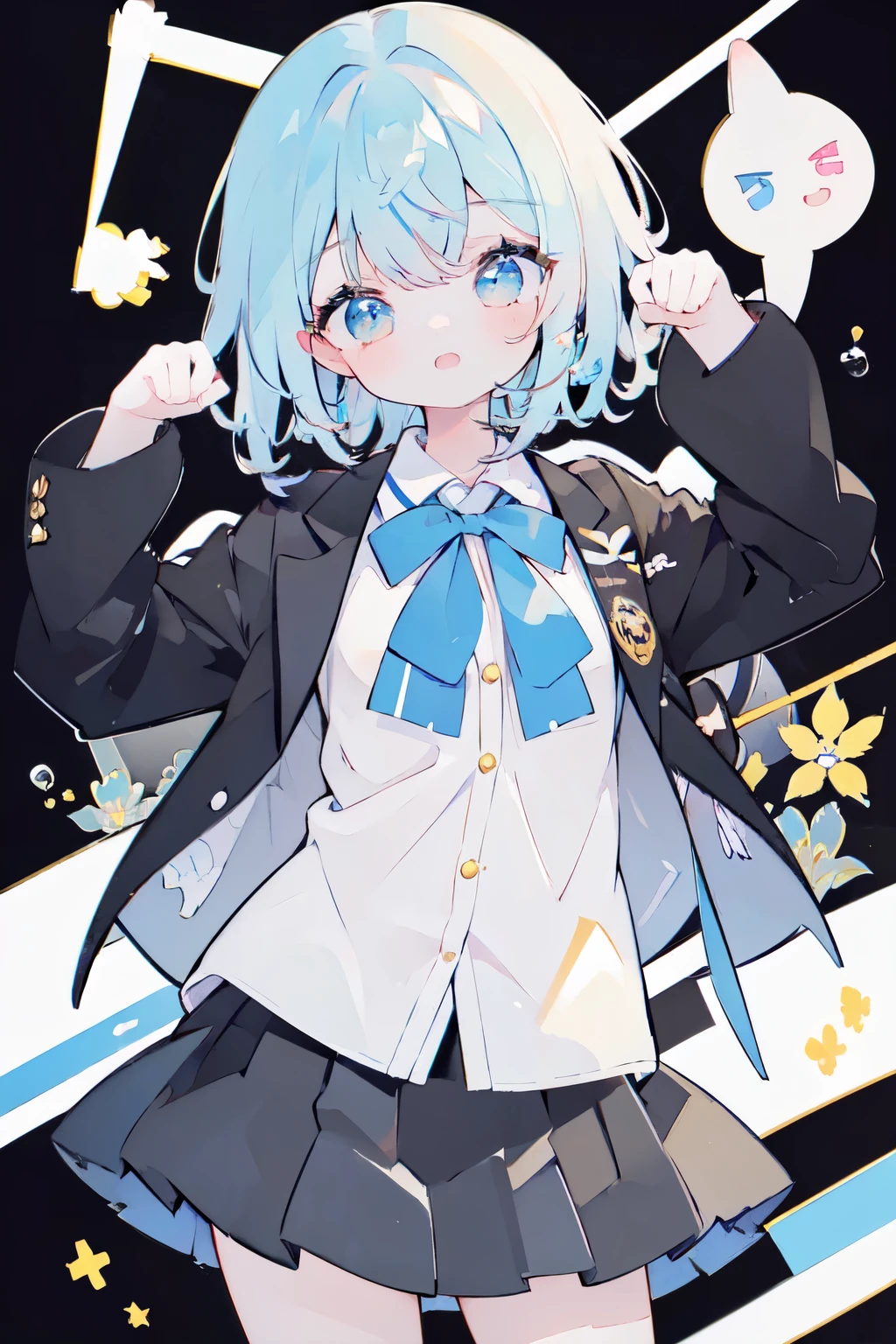 (8K, Best Quality, Master Piece: 1.2),1 cute girl,ultra-detailed face,cute eyes,best quality illustration, official art, パステルカラー,ピンク,school uniform,blazer, 音符の模様が付いたプリーツスカート,uniform_ribbon,short cut,paw pose, detailed hands and fingers、部屋