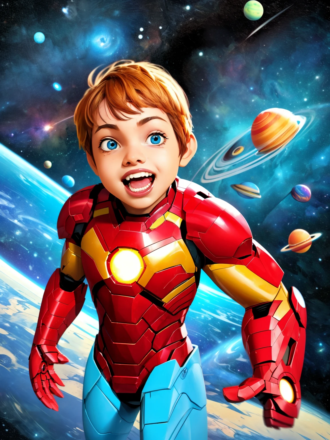 Cinematic Cartoon style. Comic art. TME0224 face, (((a , 4yo))) in funny night (((wearing a Iron-Man costume))). (((Comic cosmic space with stars background))). cinematic lighting, drop shadow, masterpiece, UHD, anatomically correct, textured skin, super detail, high details, high quality, best quality, 4K