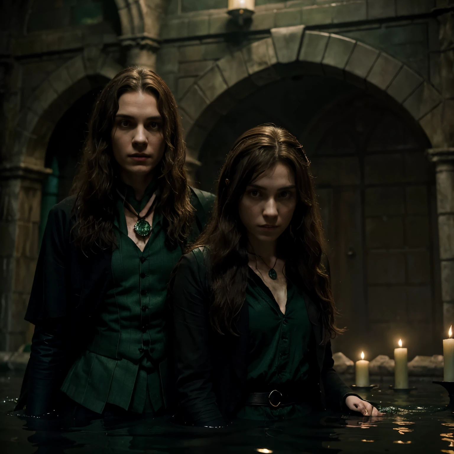 Regulus Black and a  girl with hip-length waves light brown hair and green eyes (katie douglas) are in the hell of Harry Potter where the medallion is from Slytherin Regulus Black is dragged into the dark water of corpses while the girl with the medallion in her hand tries to help him the house elf Kreacher is also there