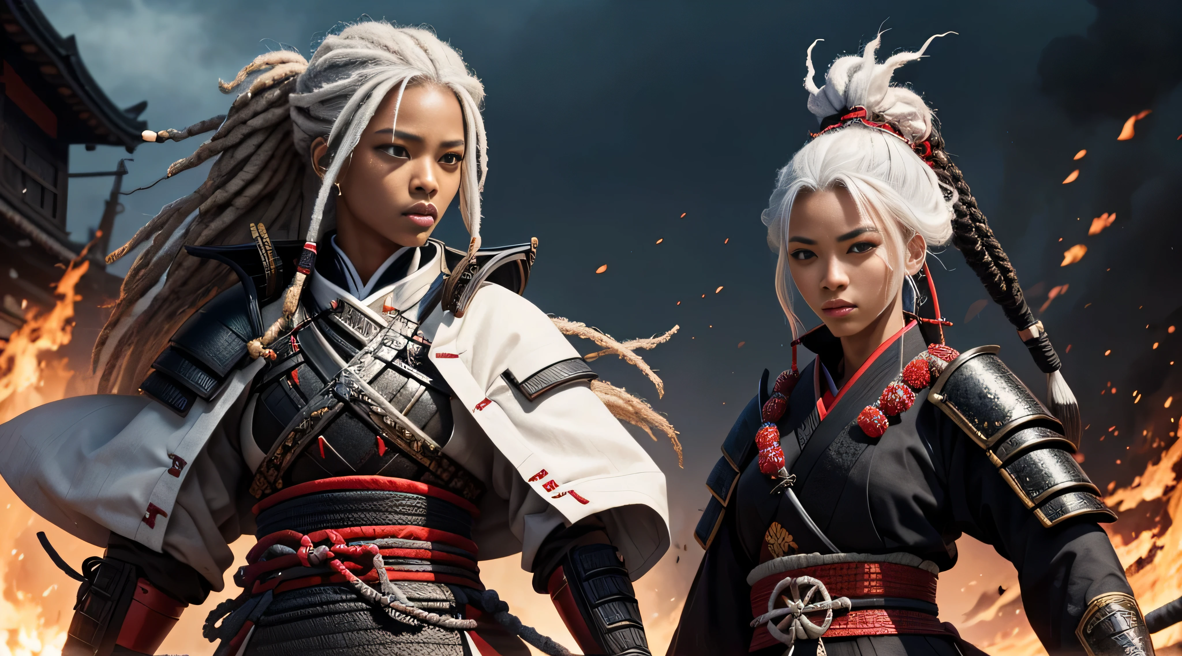 black woman, samurai clothing, Samurai armor, dreadlocks, Ron&#39;s, White hair, red eyes eyelashes, The village is on fire