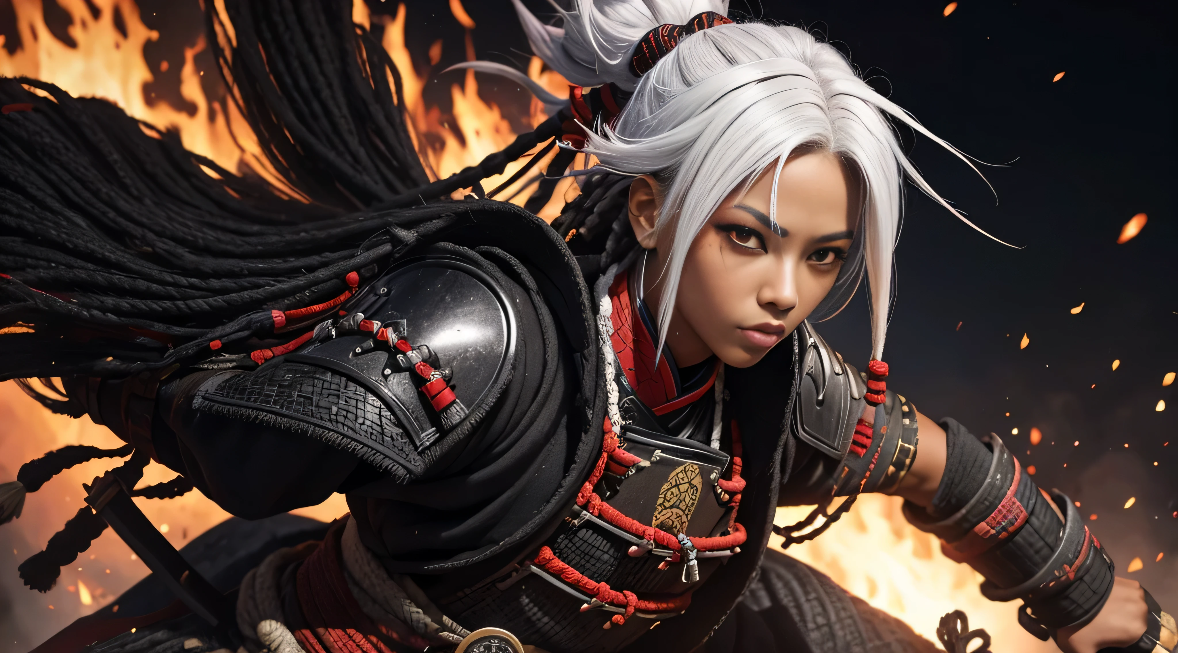 black woman, samurai clothing, Samurai armor, dreadlocks, Ron's, White hair, red eyes eyelashes, The village is on fire