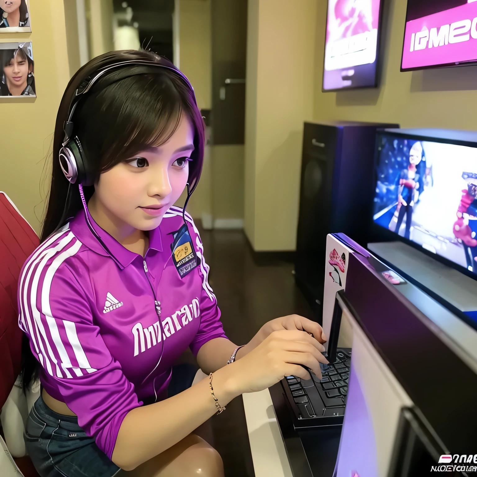 Gadis cantik sedang bermain game di handphone